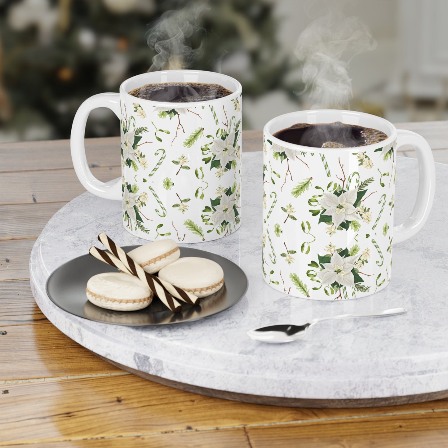 Holiday Floral Ceramic Mug, Christmas Coffee Cup, Gift for Her, Winter Tea Mug, Elegant Home Decor