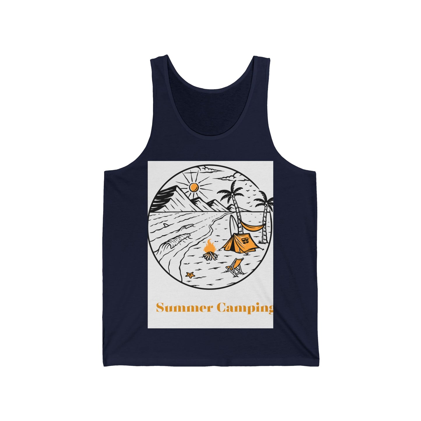 Summer Camping Unisex Jersey Tank, Outdoor Adventure Shirt, Camping Apparel, Gift for Campers, Vacation Wear, Travel Tee