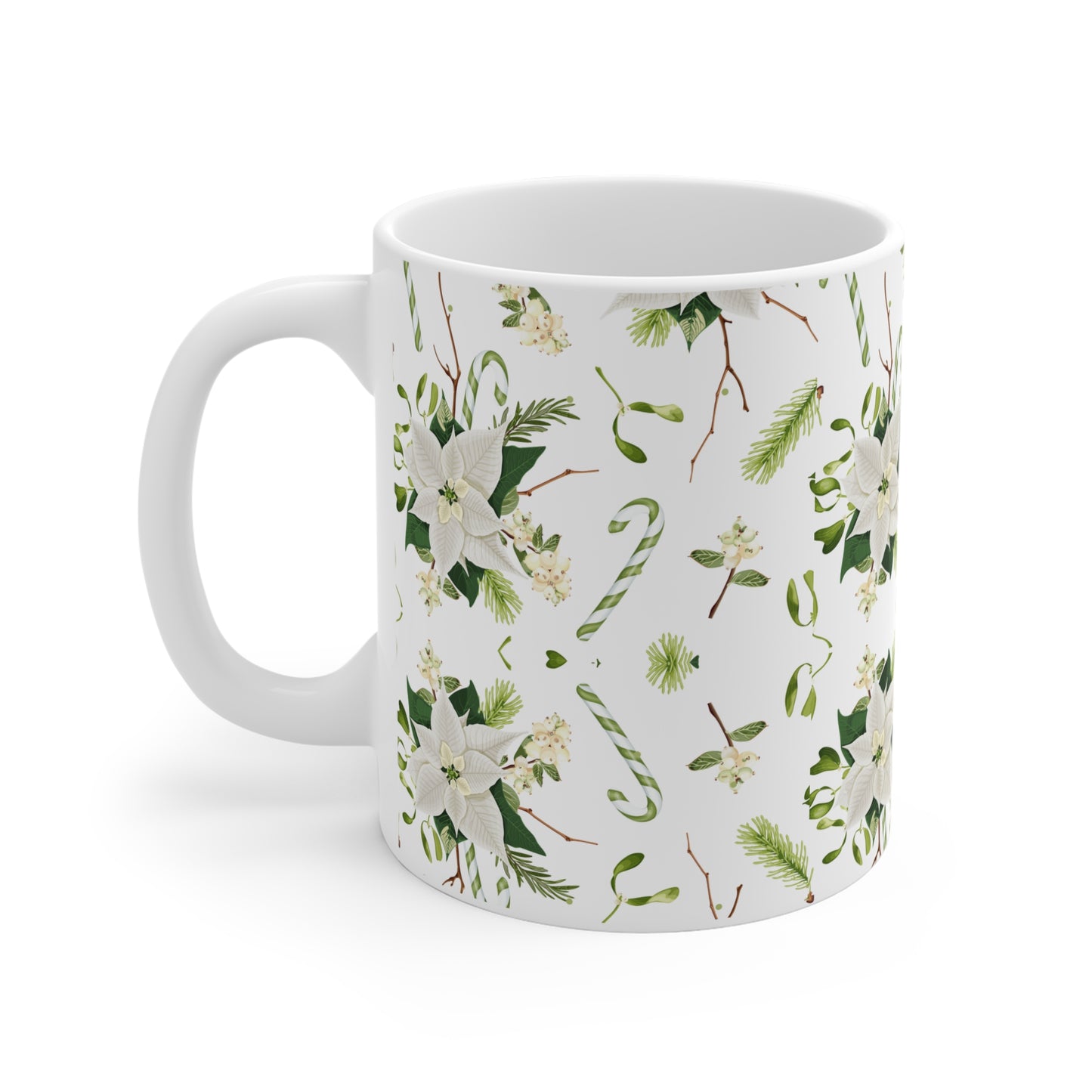 Holiday Floral Ceramic Mug, Christmas Coffee Cup, Gift for Her, Winter Tea Mug, Elegant Home Decor