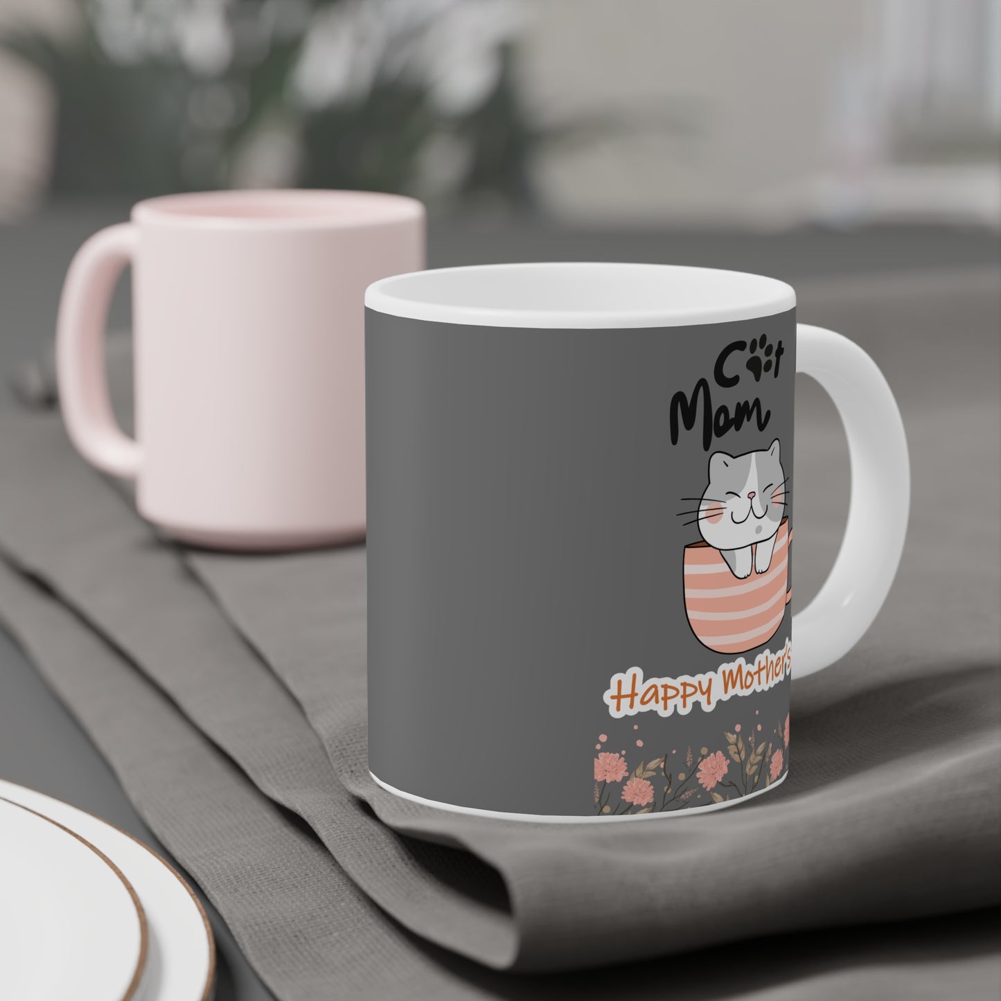 Happy Mother's Day Cat Mom Ceramic Mug - Cute Floral Design