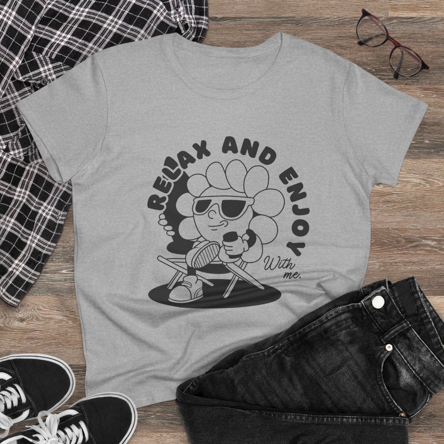 Women's Relax and Enjoy Tee, Cute Graphic T-Shirt, Summer Vibes Top, Gifts for Friends, Casual Everyday Wear, Fun Relaxation Shirt