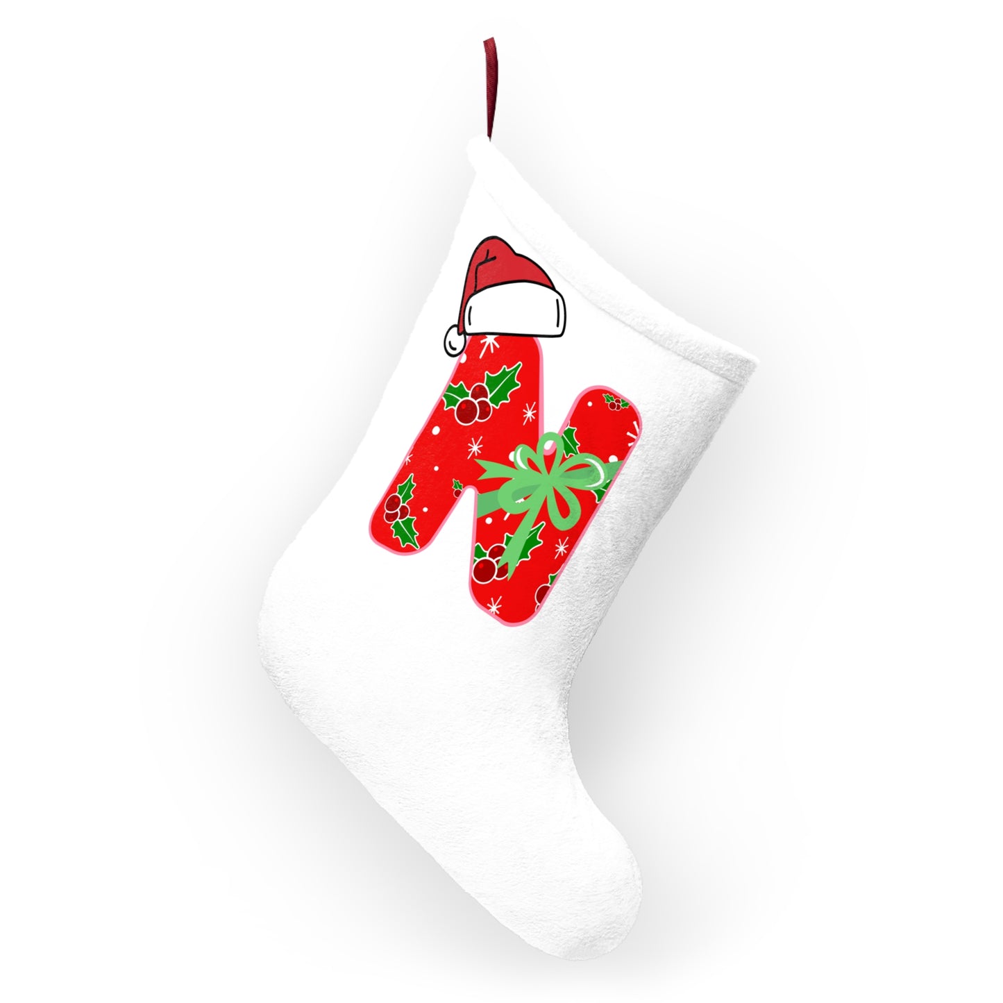 Personalized Letter Christmas Stocking - Red Holly N with Santa Hat & Gift Bow