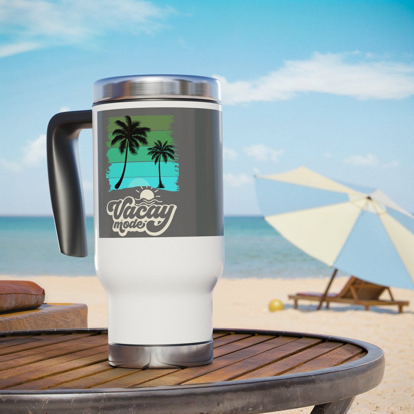 Vacation Mode Travel Mug, Stainless Steel Tumbler, 14oz Coffee Cup, Tropical Drinkware, Perfect for Travel and Summer
