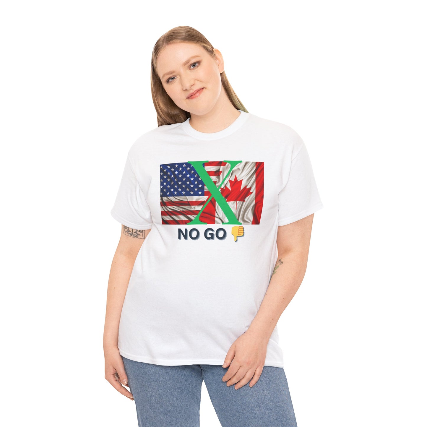 Unisex Heavy Cotton Tee - 'No Go' Design with US and Canada Flags