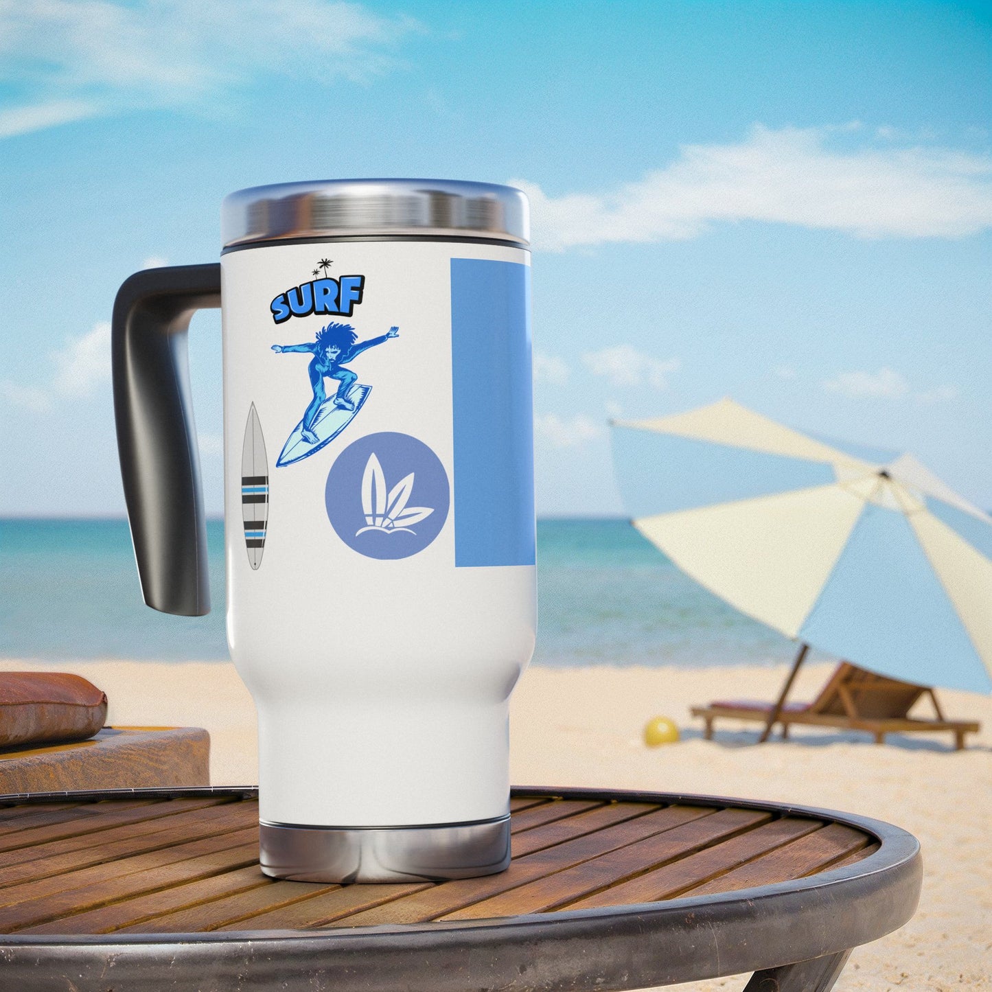 Surfing Vibes Stainless Steel Travel Mug, 14oz Coffee Tumbler, On-the-Go Drinkware, Beach Lover Gift, Summer Road Trip Must-Have