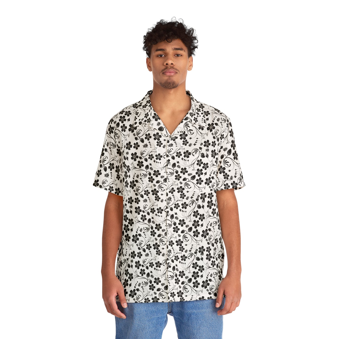 ‘Black & White Floral Pattern’ Men's Hawaiian Shirt (AOP)