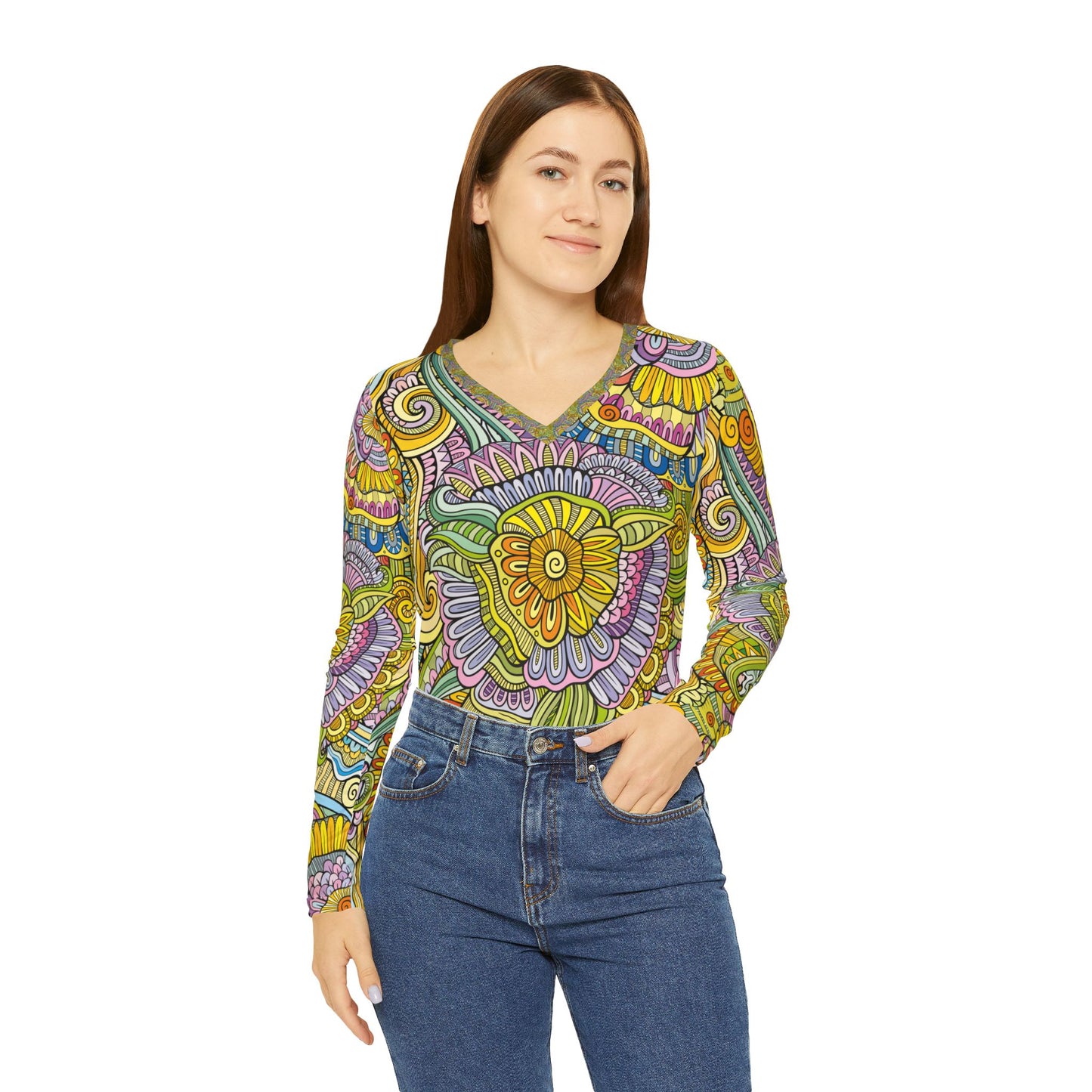 Colorful Floral Women's Long Sleeve V-Neck Shirt - Perfect for Spring and Everyday Wear