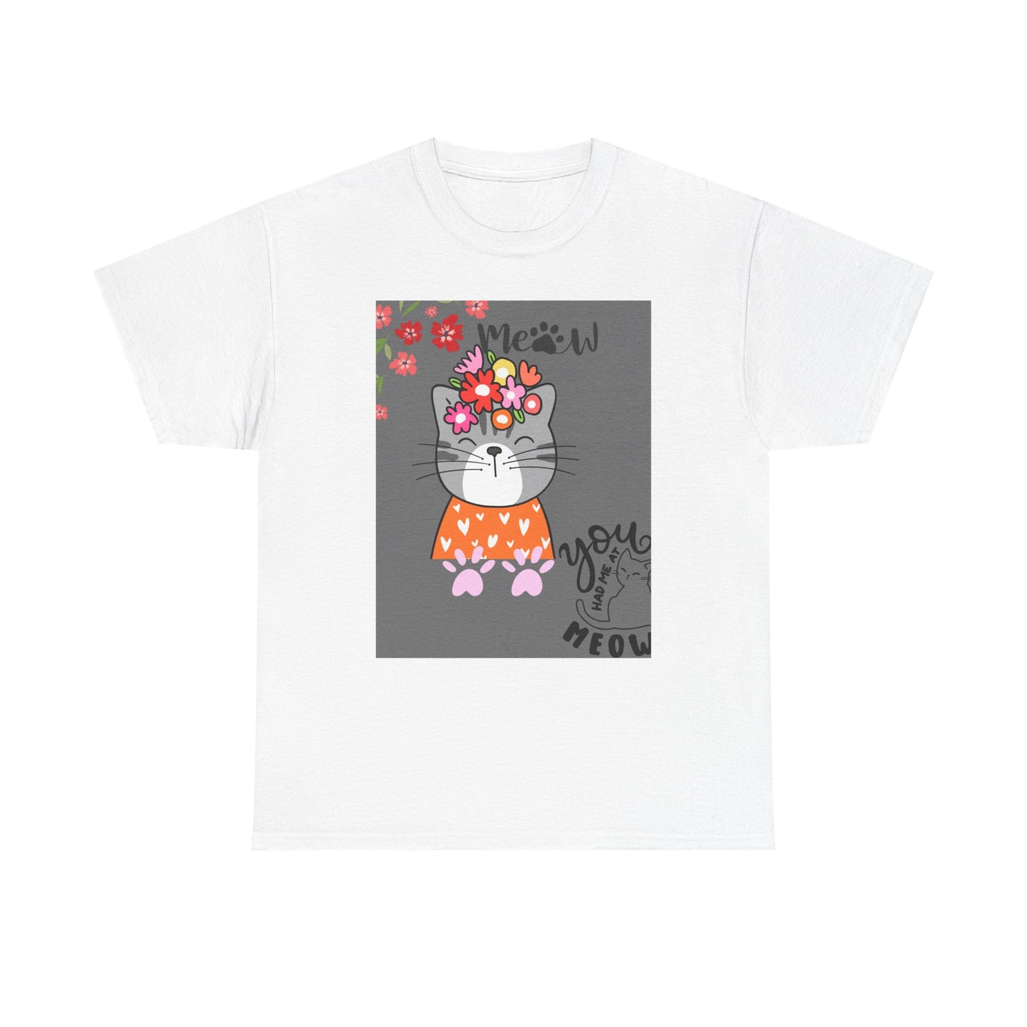 Cute Cat Floral Unisex Heavy Cotton Tee - 'You had me at Meow' Design
