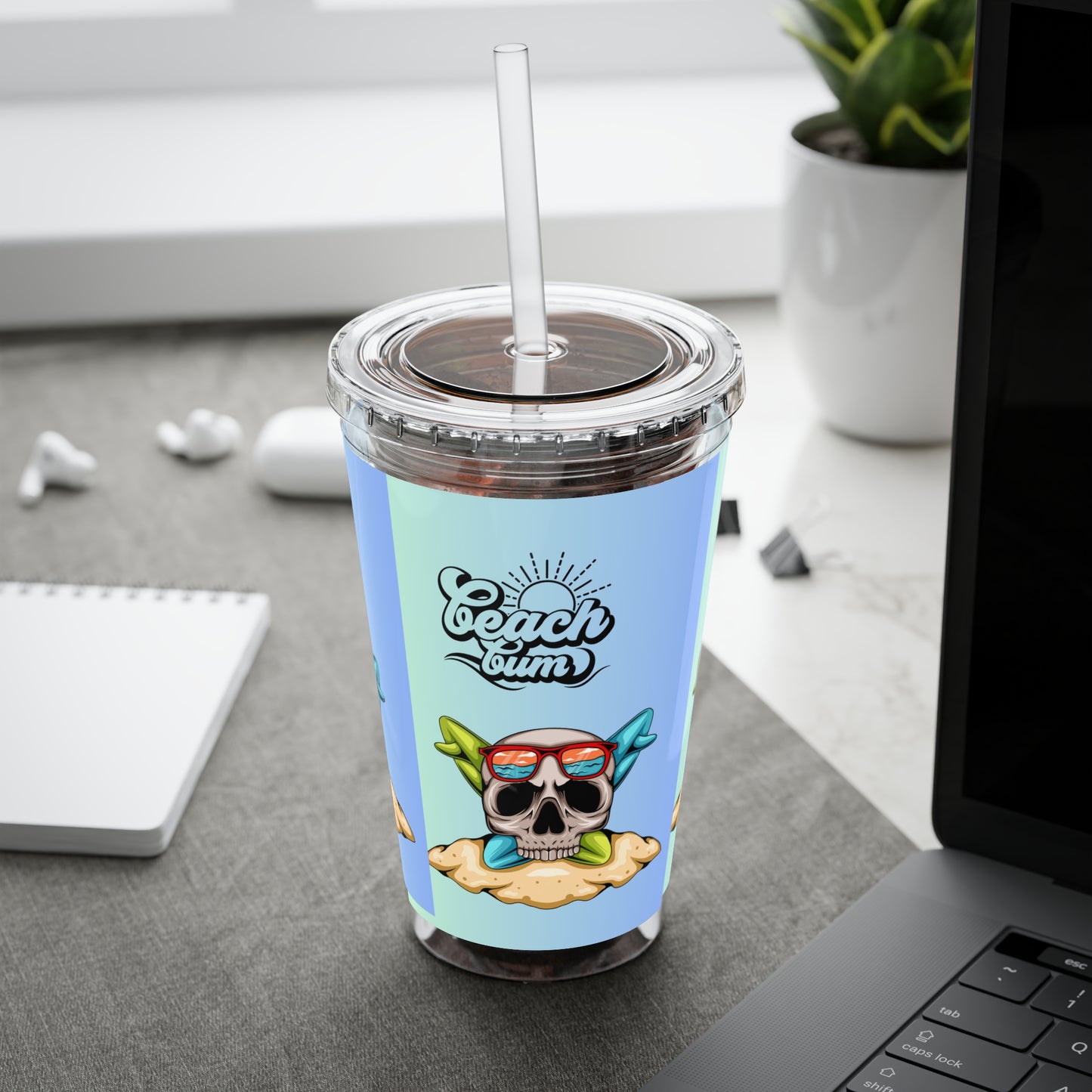 Beach Bum Tumbler, Skull Design Insulated Drinkware, Summer Vibes, Reusable Straw Cup, Travel Mug,Dainty Gift, Outdoor Fun