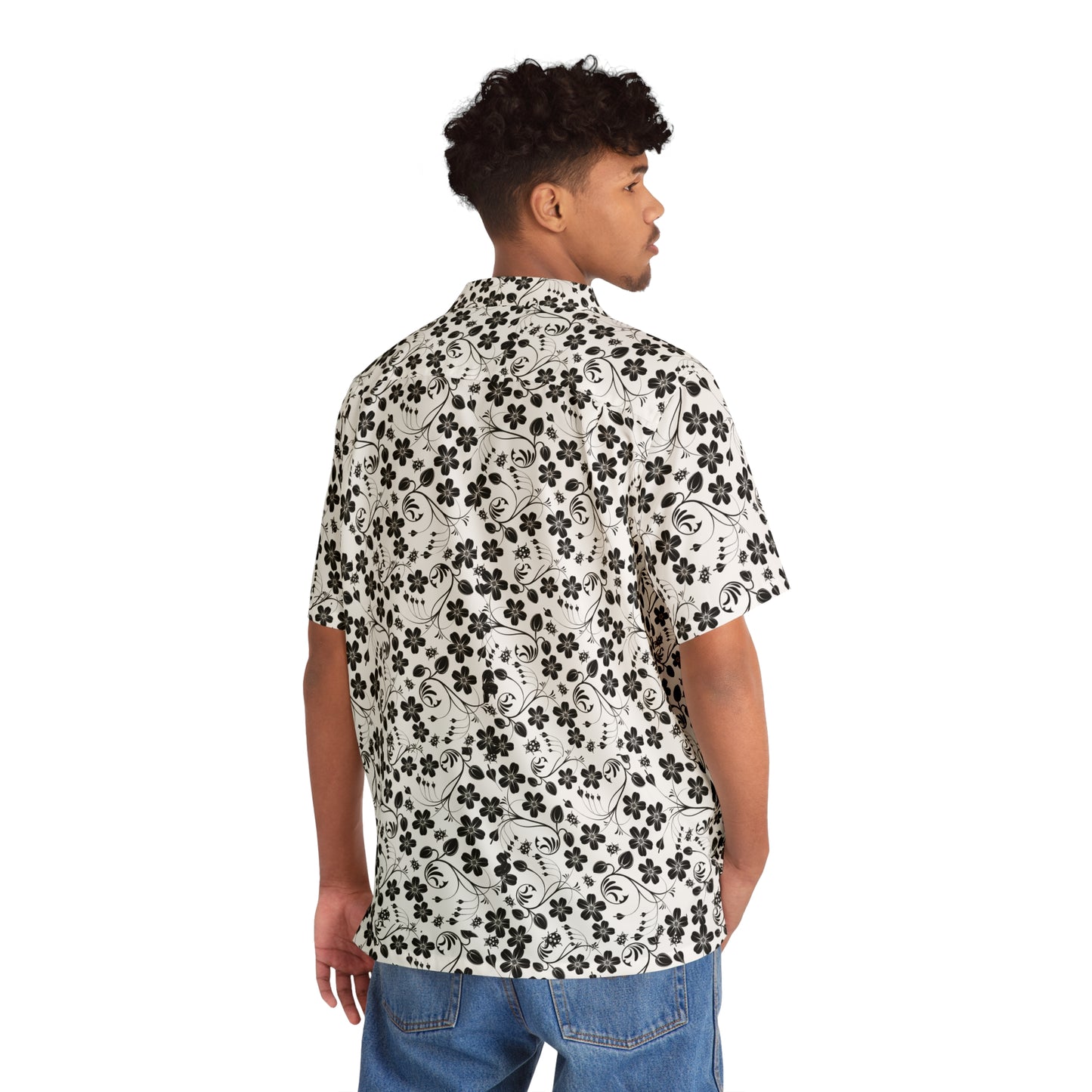 ‘Black & White Floral Pattern’ Men's Hawaiian Shirt (AOP)