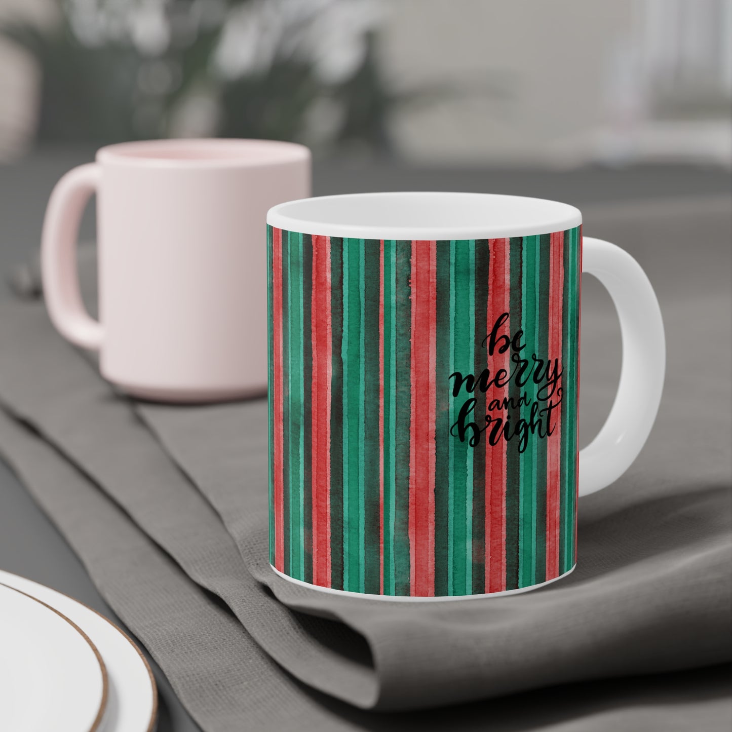 Christmas Stripe Mug — 'Be Merry and Bright' Holiday Ceramic Coffee Cup