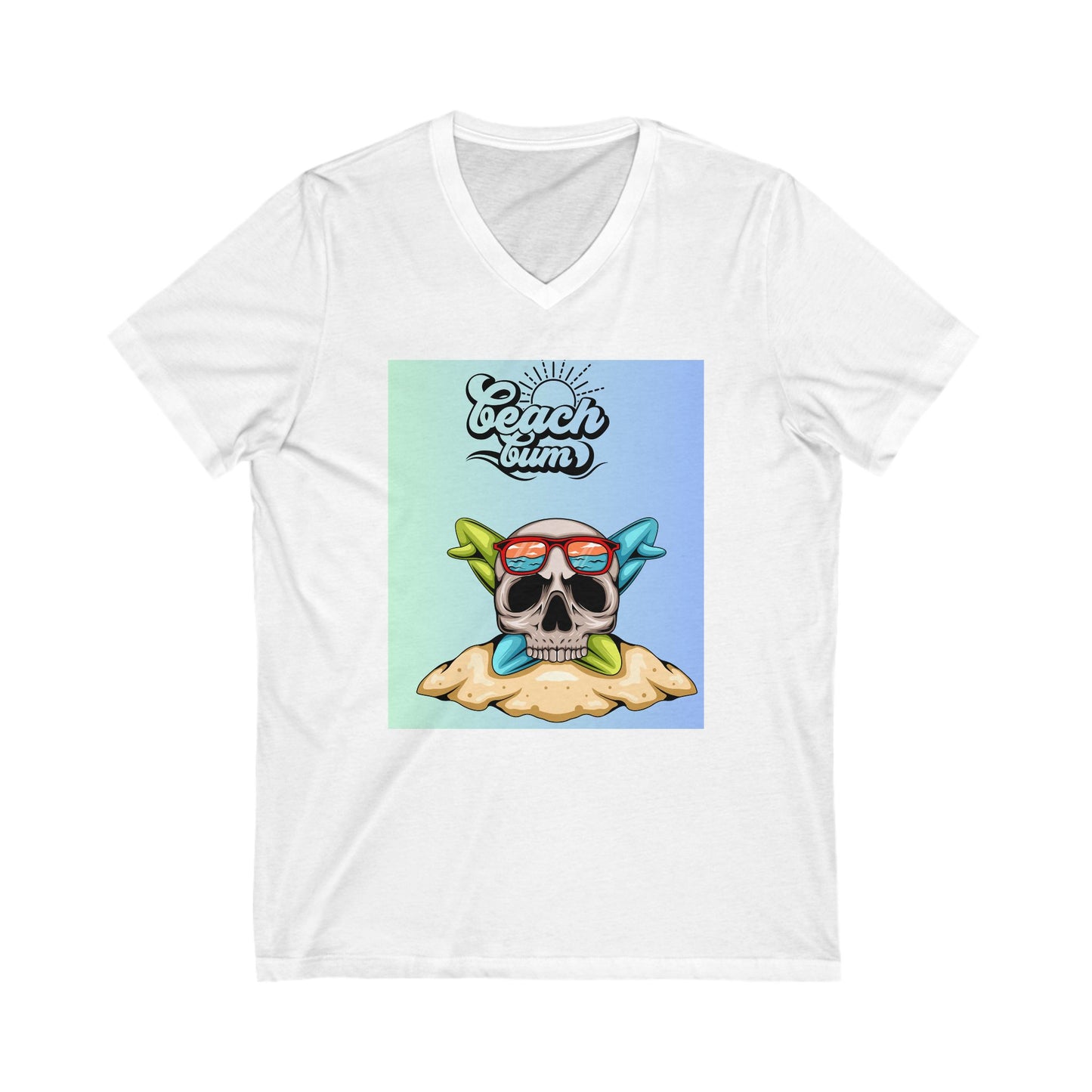 Beach Bum Skull V-Neck Tee, Casual Summer Shirt, Beachwear, Gift for Travelers, Pirate Theme Tee