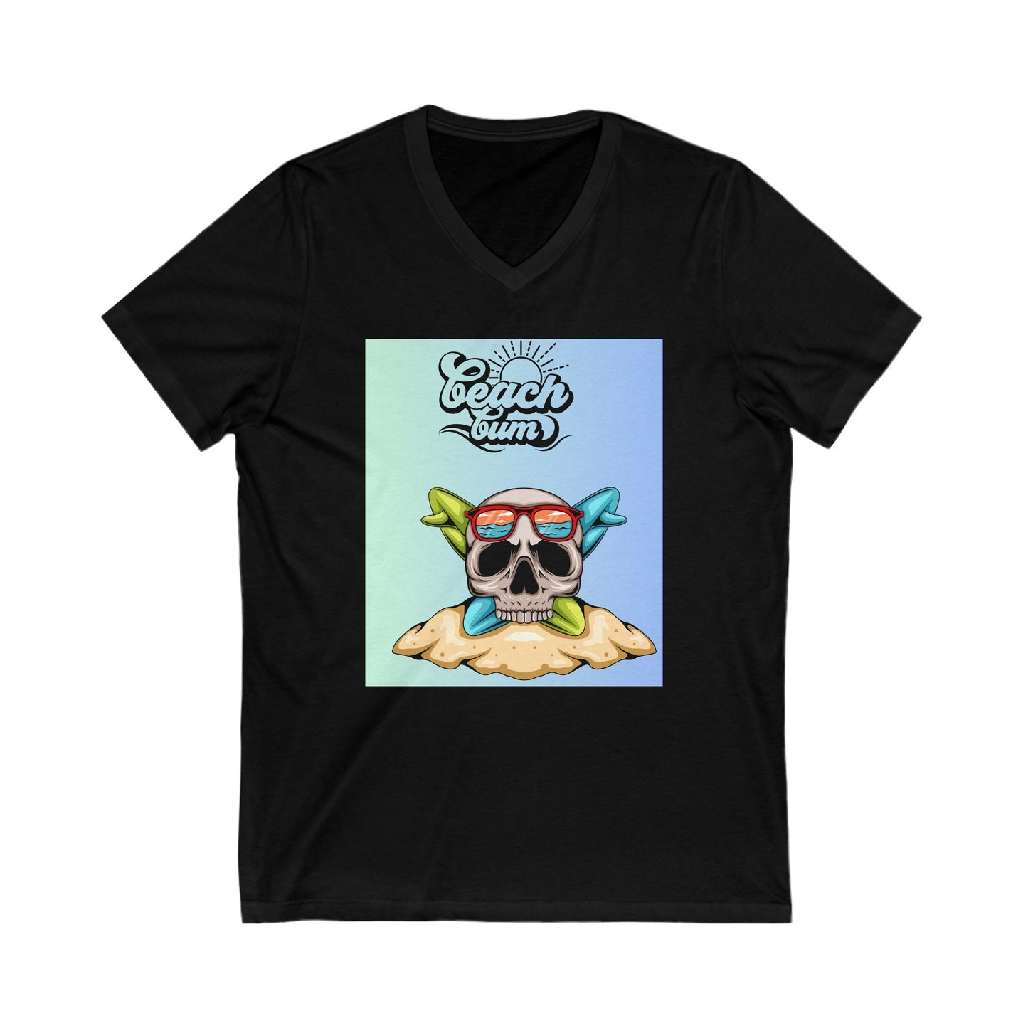 Beach Bum Skull V-Neck Tee, Casual Summer Shirt, Beachwear, Gift for Travelers, Pirate Theme Tee