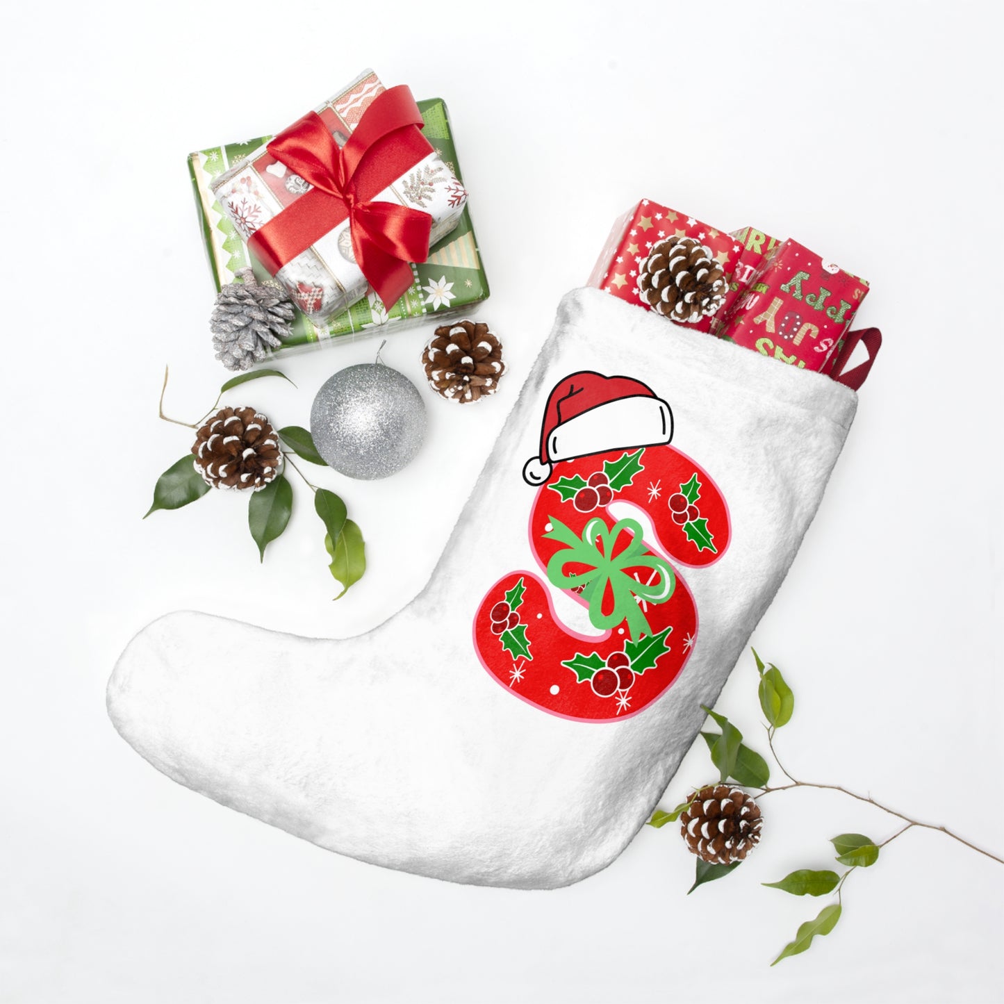 Personalized Christmas Stocking with Festive Holly 'S' Monogram