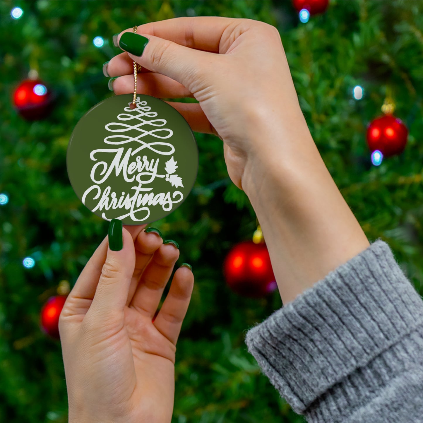 Merry Christmas Ceramic Ornament – Green Hand-Lettered Holiday Tree Ornament
