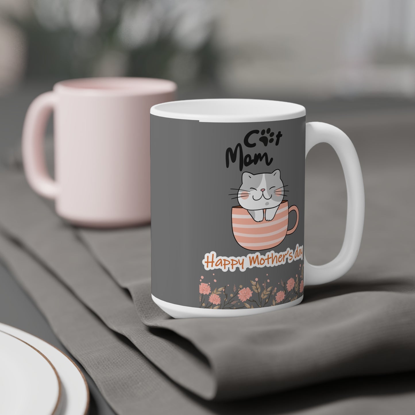 Happy Mother's Day Cat Mom Ceramic Mug - Cute Floral Design