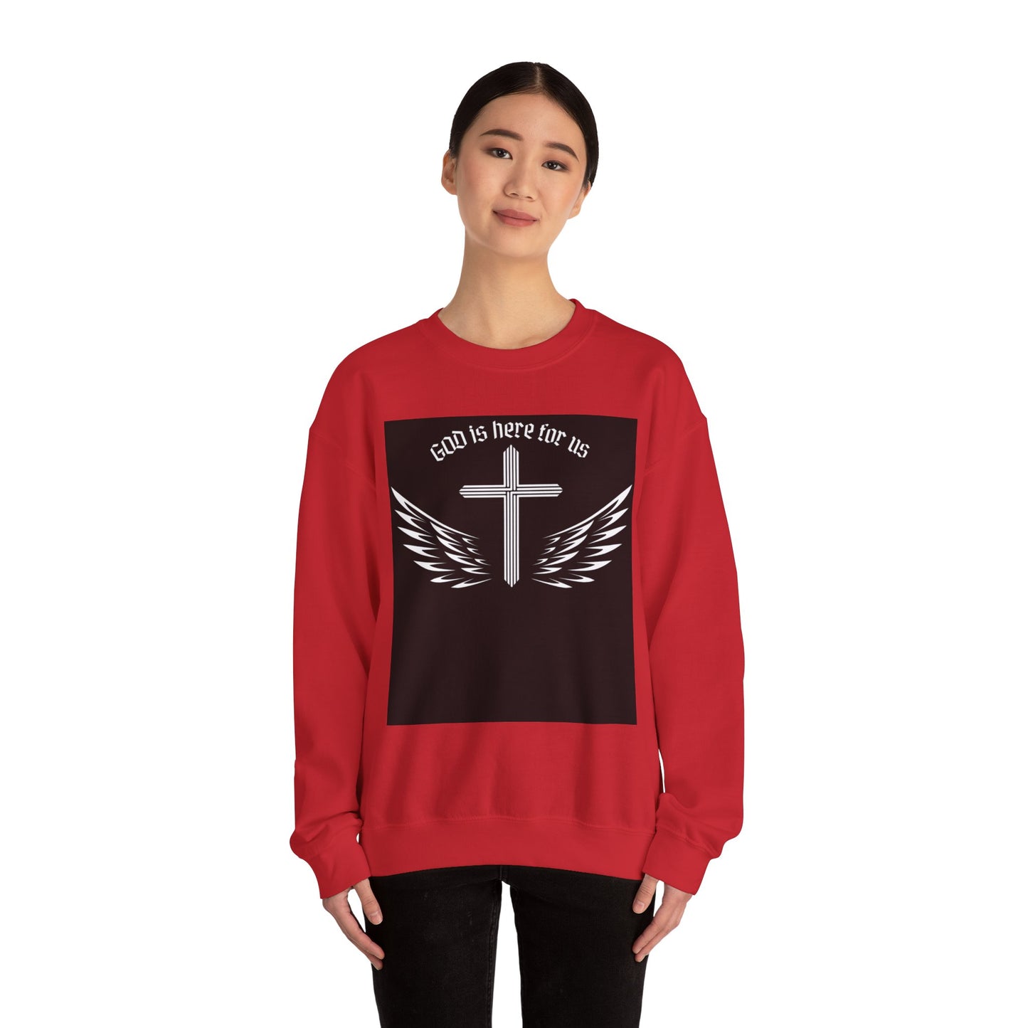 Unisex Heavy Blend Sweatshirt - "God is Here for Us" Inspirational Crewneck