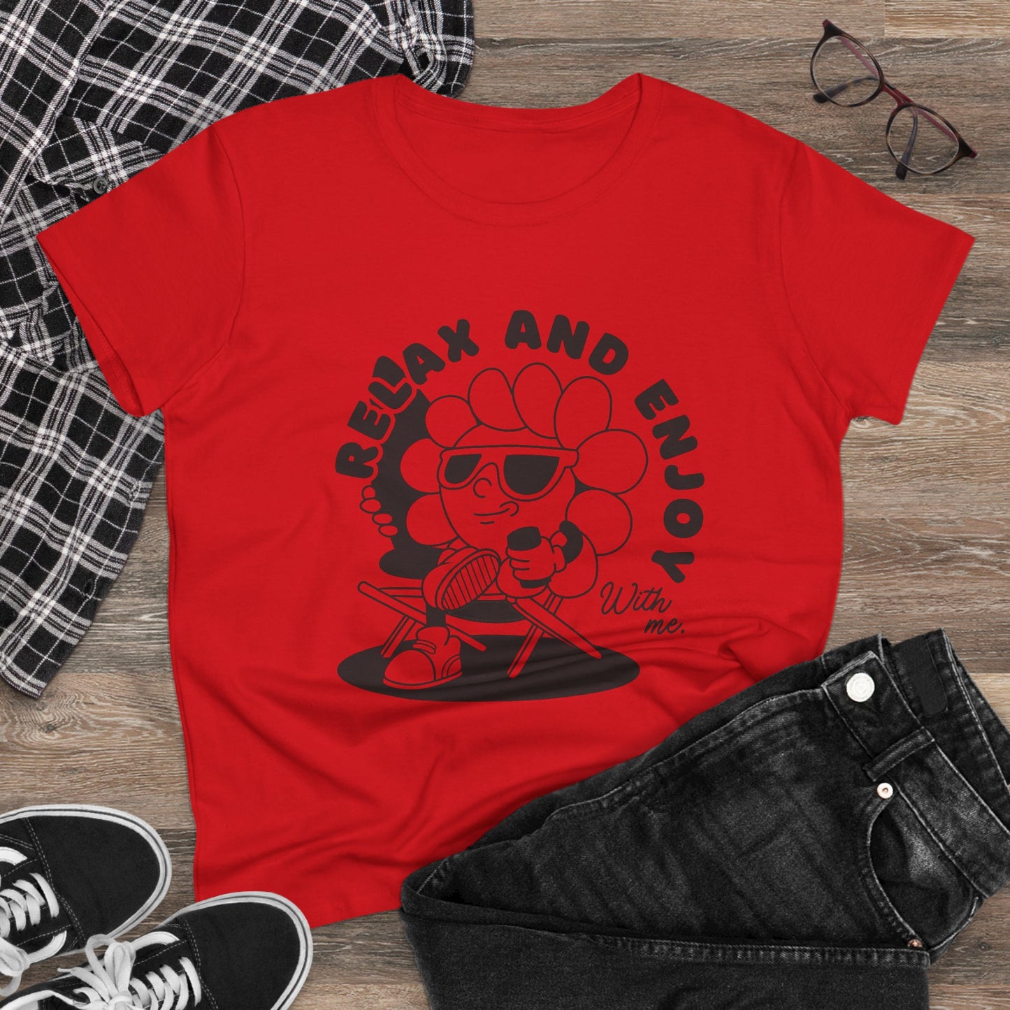 Women's Relax and Enjoy Tee, Cute Graphic T-Shirt, Summer Vibes Top, Gifts for Friends, Casual Everyday Wear, Fun Relaxation Shirt