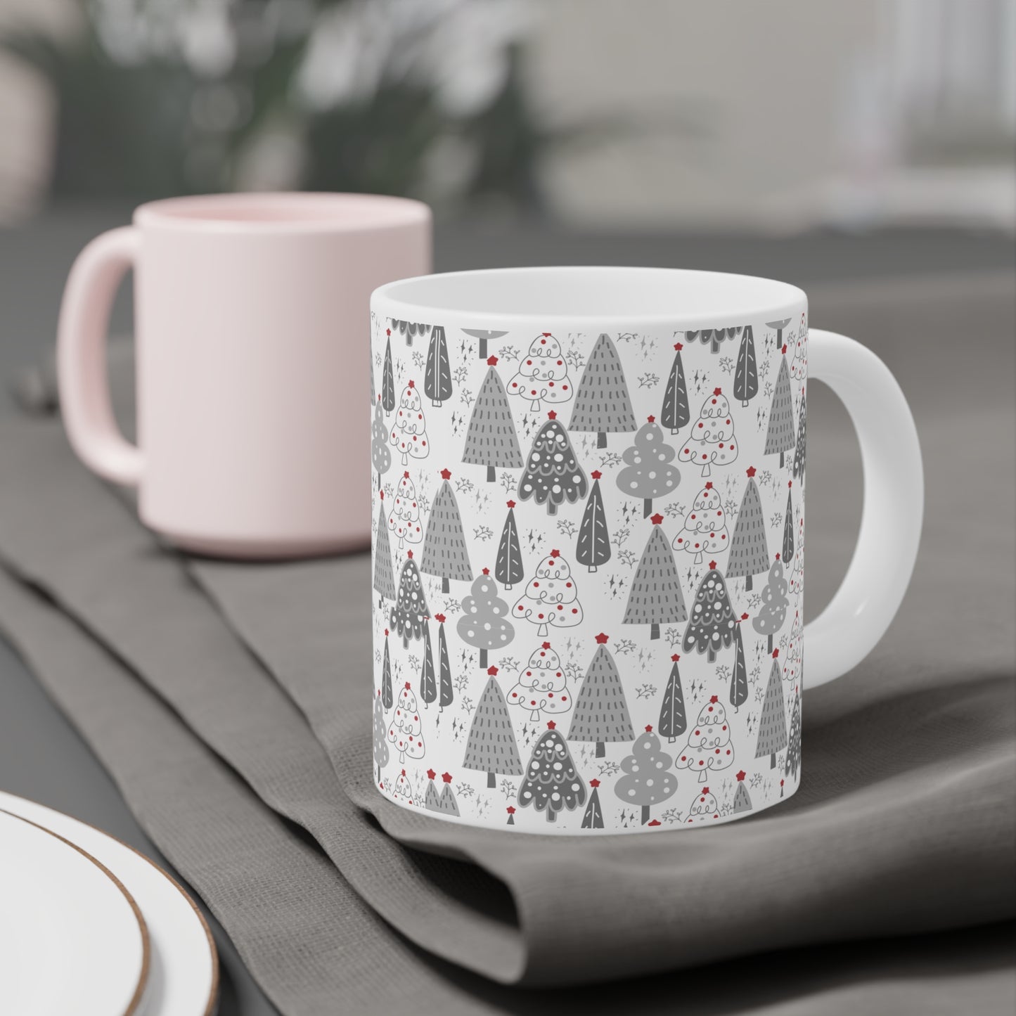 Christmas Tree Pattern Mug — Festive Grey Holiday Ceramic Coffee Cup