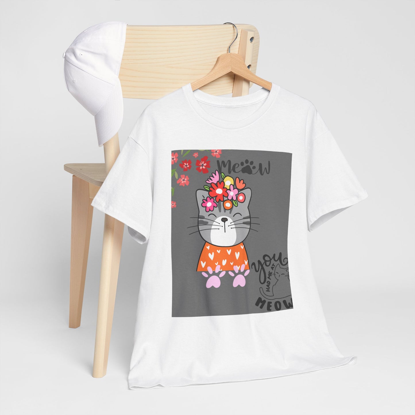 Cute Cat Floral Unisex Heavy Cotton Tee - 'You had me at Meow' Design