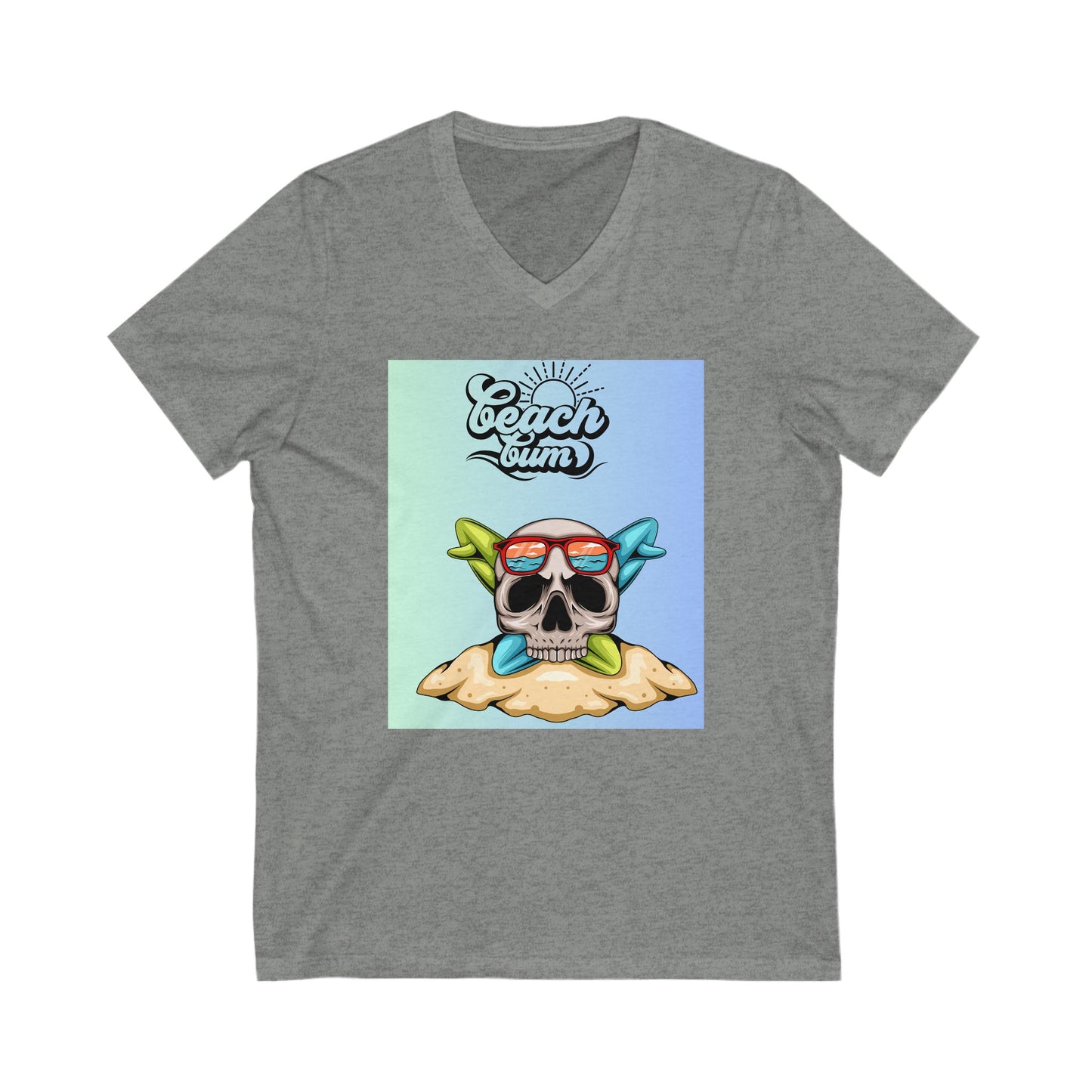 Beach Bum Skull V-Neck Tee, Casual Summer Shirt, Beachwear, Gift for Travelers, Pirate Theme Tee