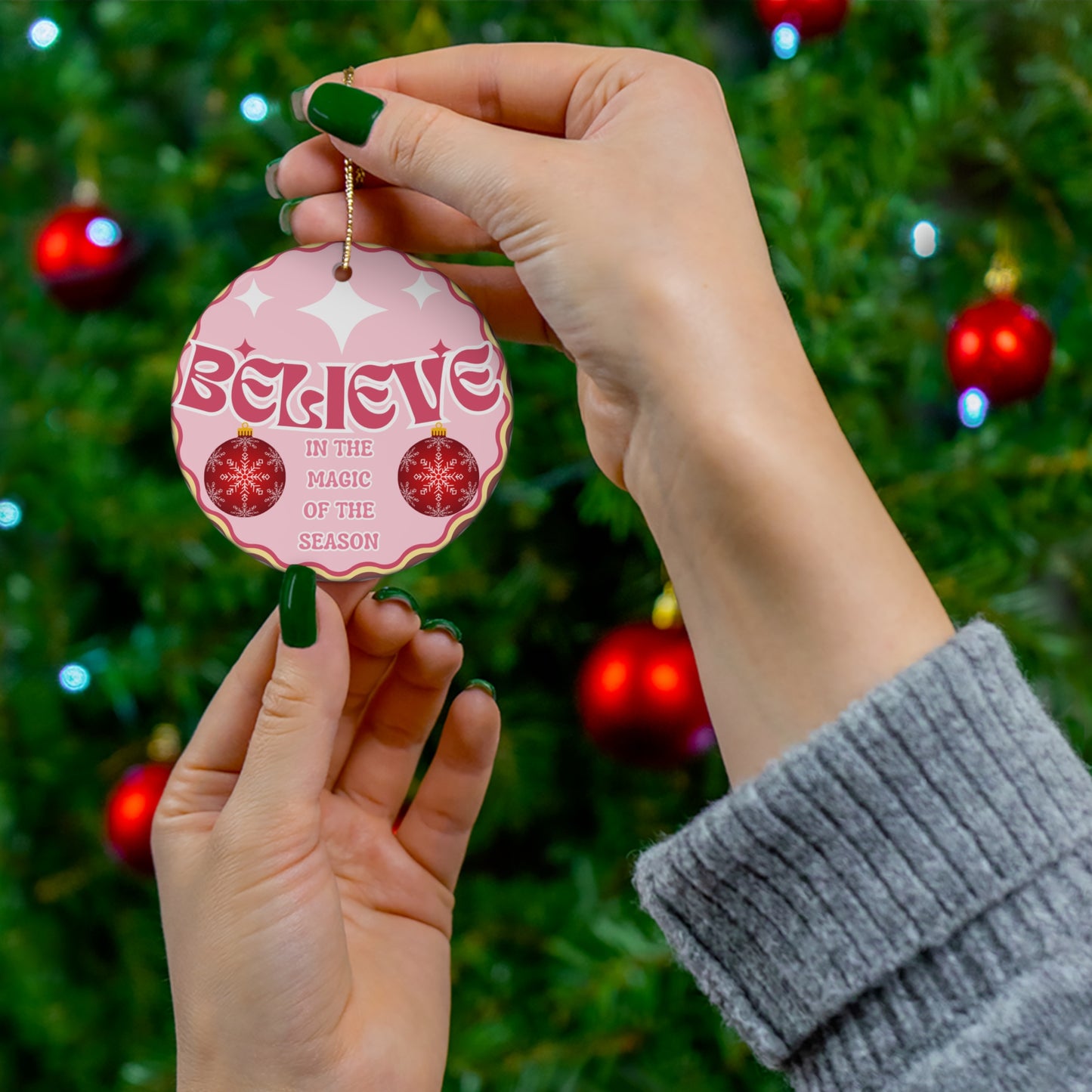 Believe In The Magic Of The Season Ceramic Ornament — Pink Retro Holiday Decoration