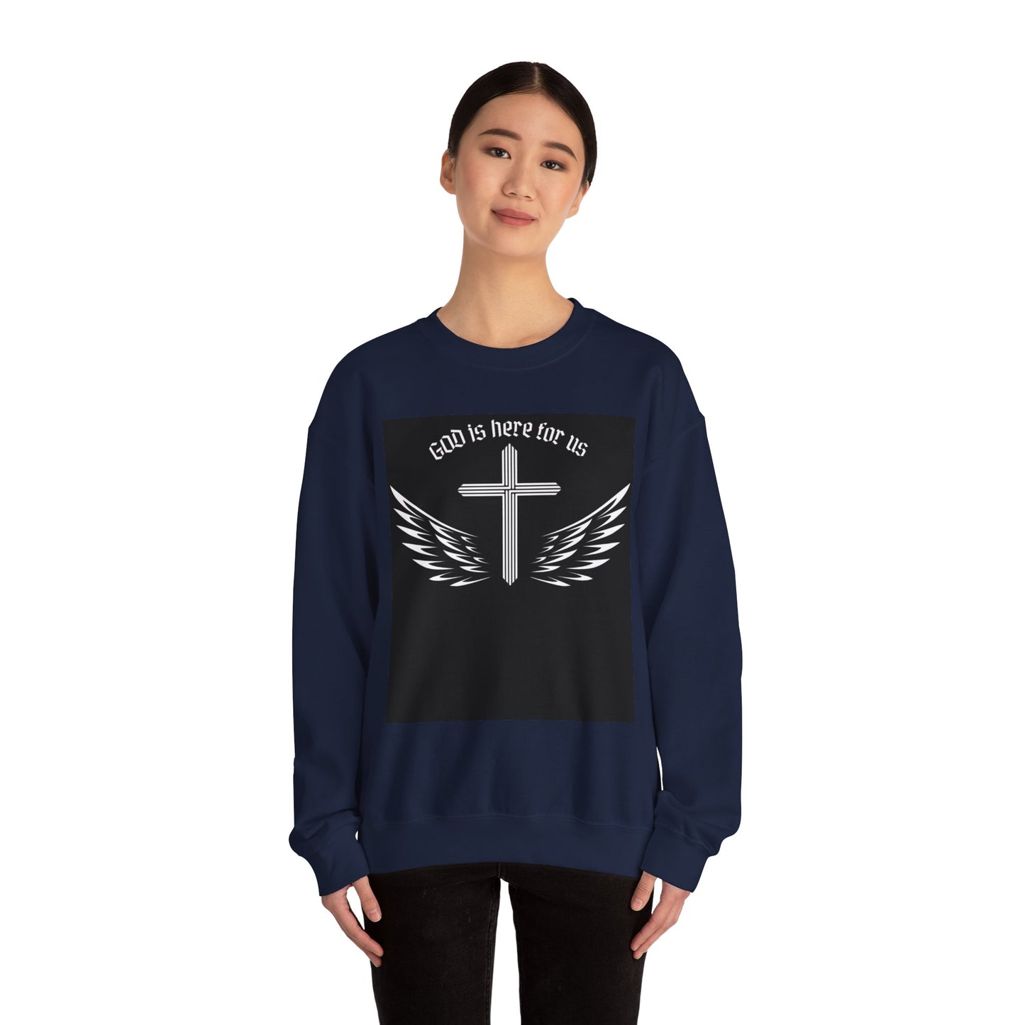 Unisex Heavy Blend Sweatshirt - "God is Here for Us" Inspirational Crewneck