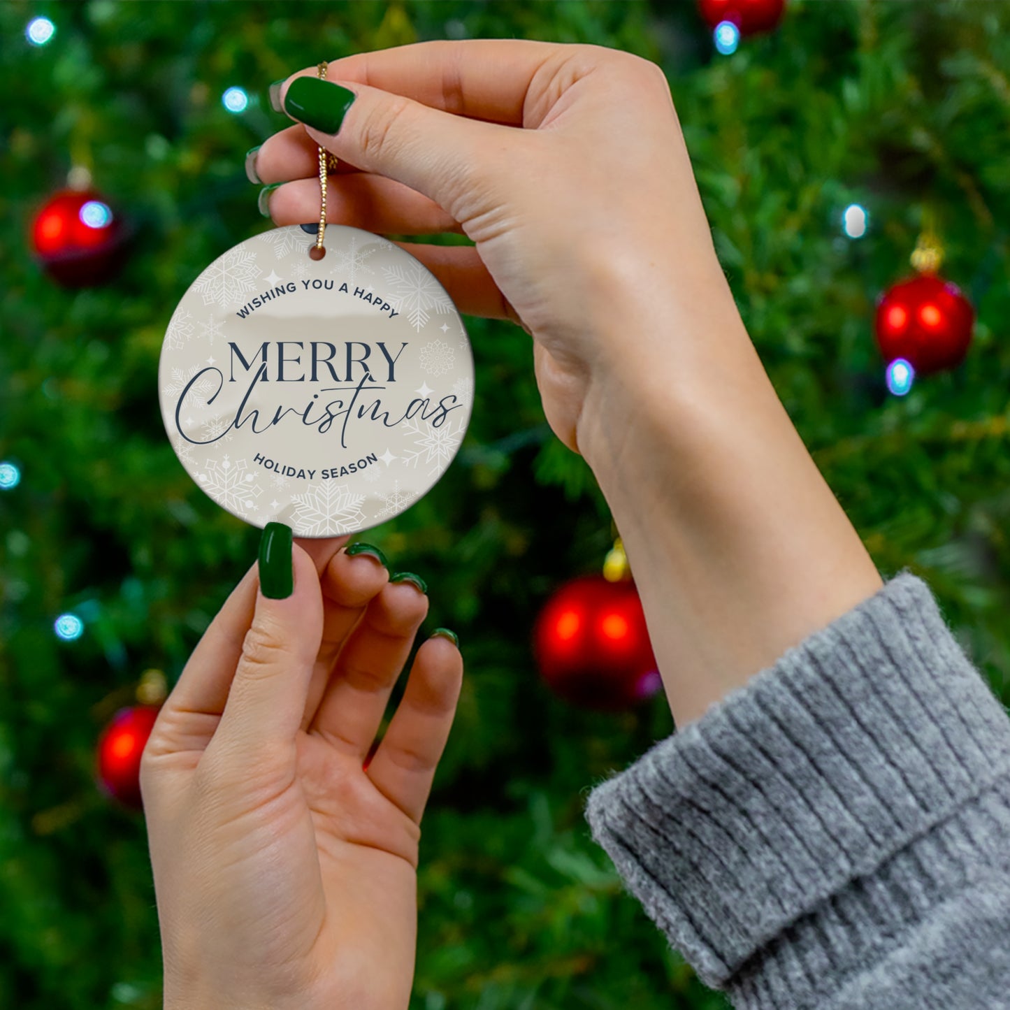 Merry Christmas Ceramic Ornament – Round Holiday Tree Decoration