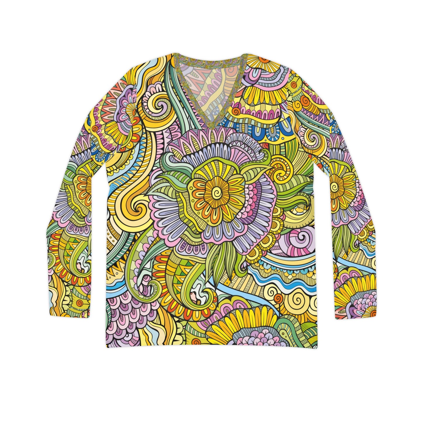 Colorful Floral Women's Long Sleeve V-Neck Shirt - Perfect for Spring and Everyday Wear