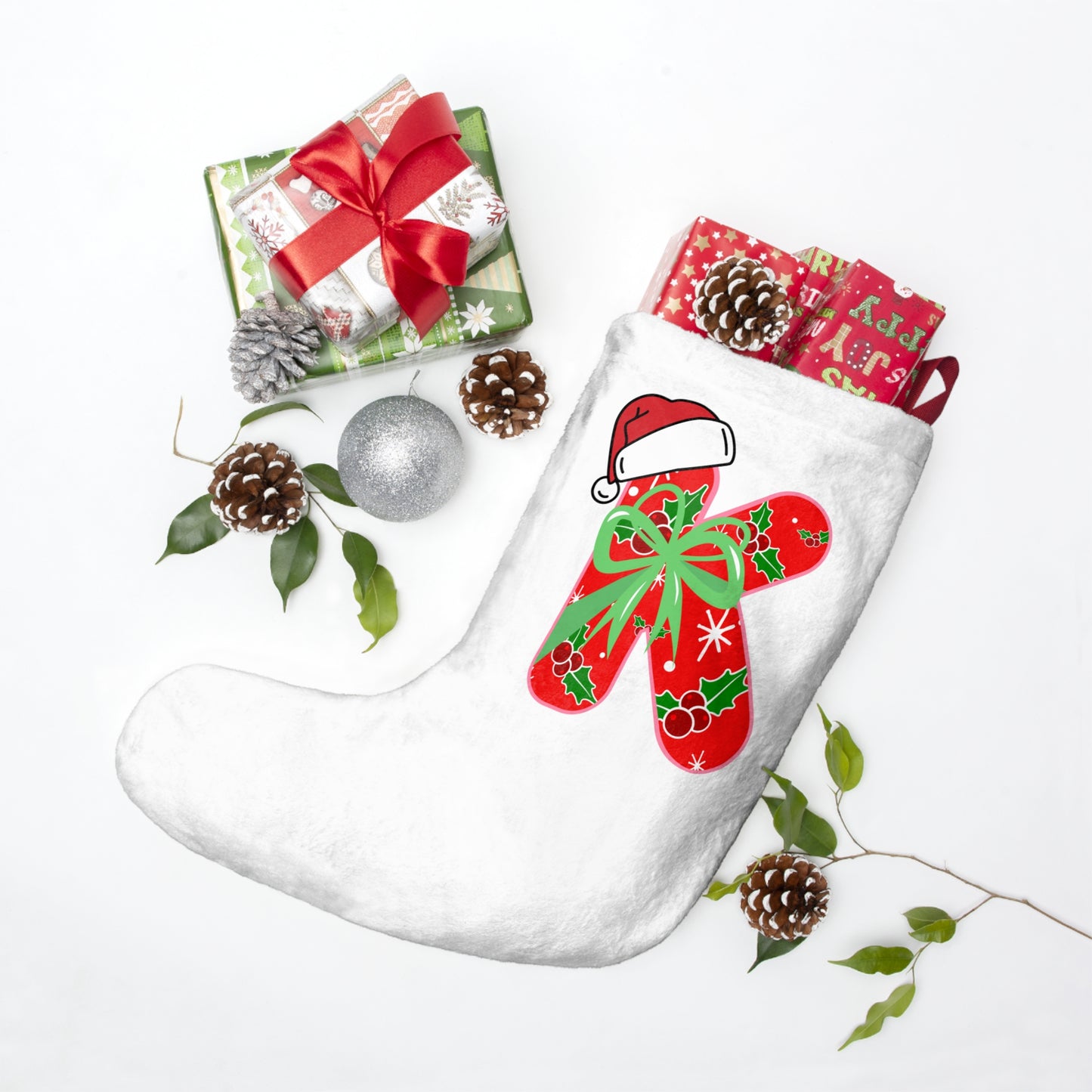 Personalized Christmas Stocking with Festive 'K' Monogram and Santa Hat