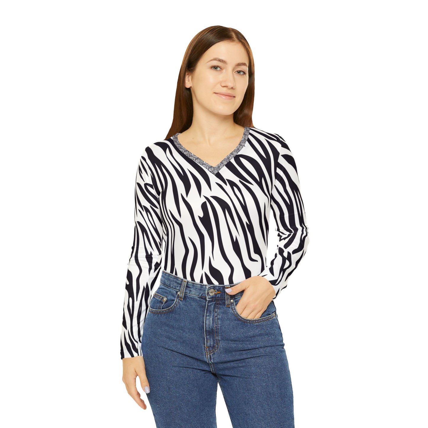 Chic Zebra Print Long Sleeve V-Neck Shirt for Women - Trendy Animal Print Top