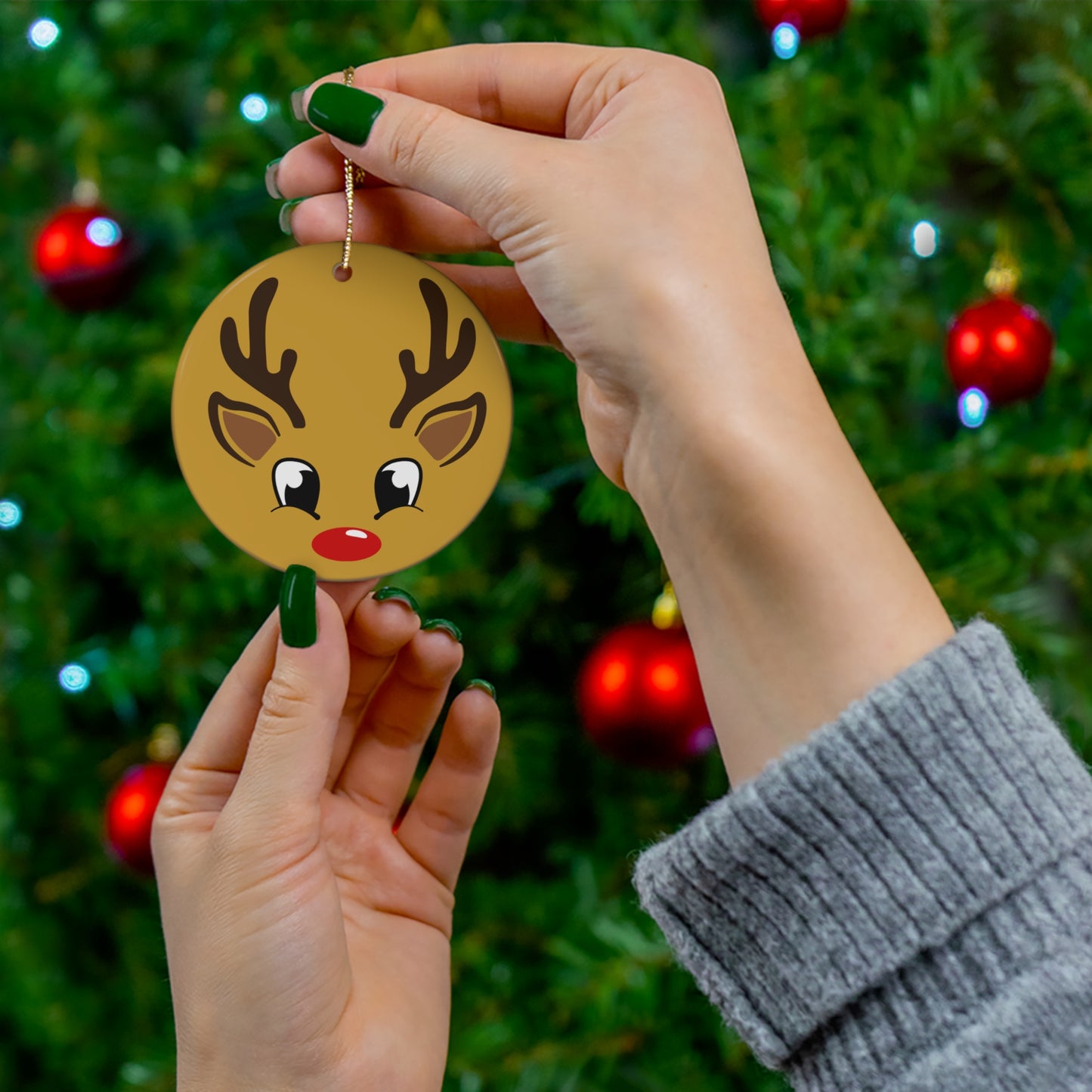 Reindeer Face Ceramic Ornament — Cute Rudolph Christmas Tree Decoration