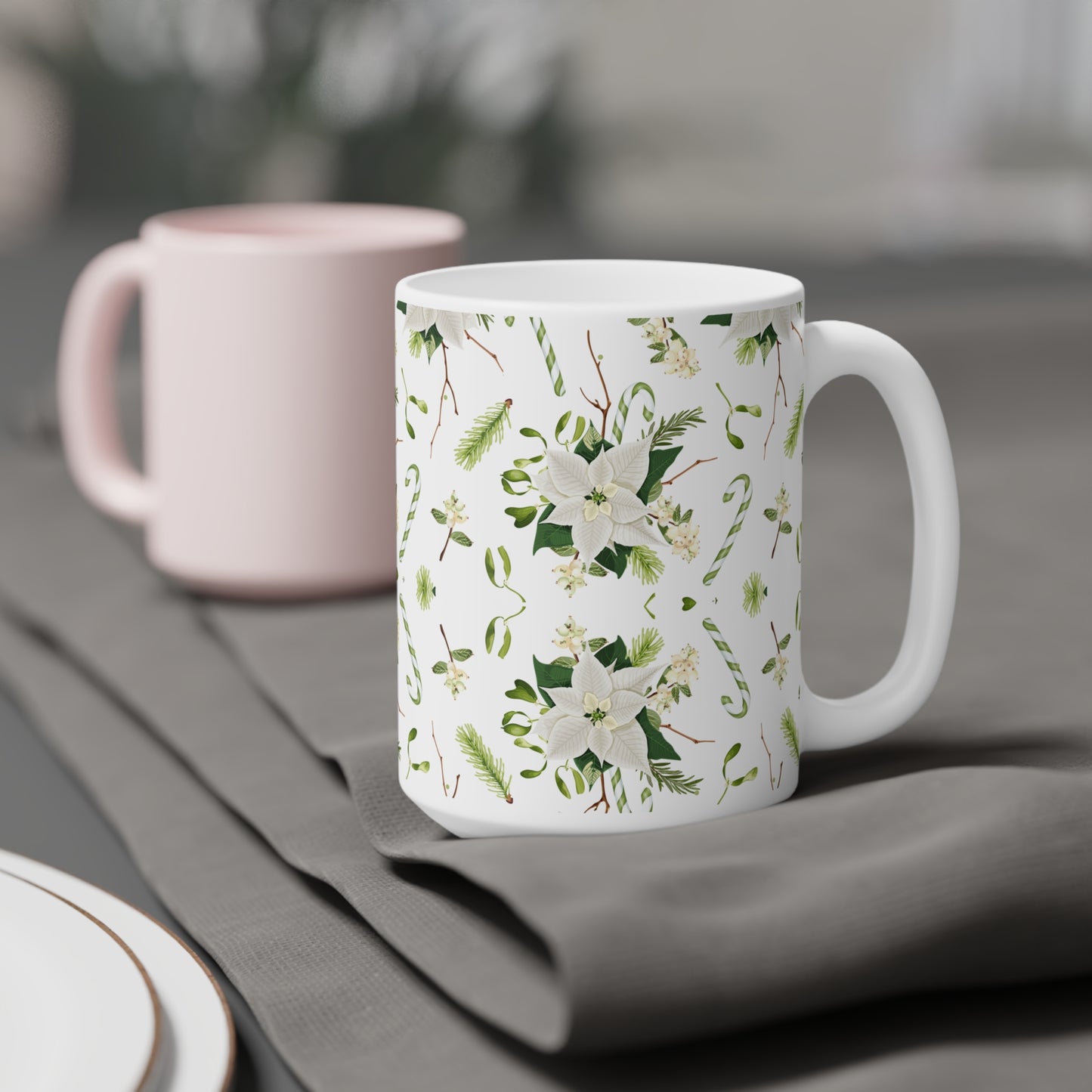 Holiday Floral Ceramic Mug, Christmas Coffee Cup, Gift for Her, Winter Tea Mug, Elegant Home Decor