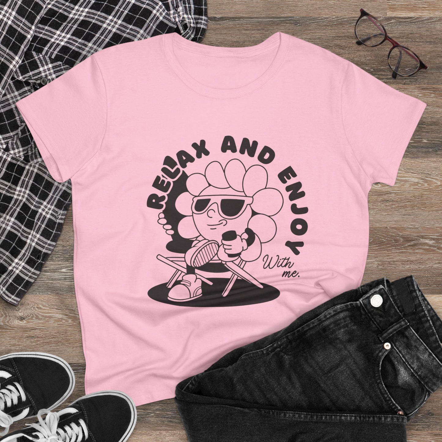 Women's Relax and Enjoy Tee, Cute Graphic T-Shirt, Summer Vibes Top, Gifts for Friends, Casual Everyday Wear, Fun Relaxation Shirt