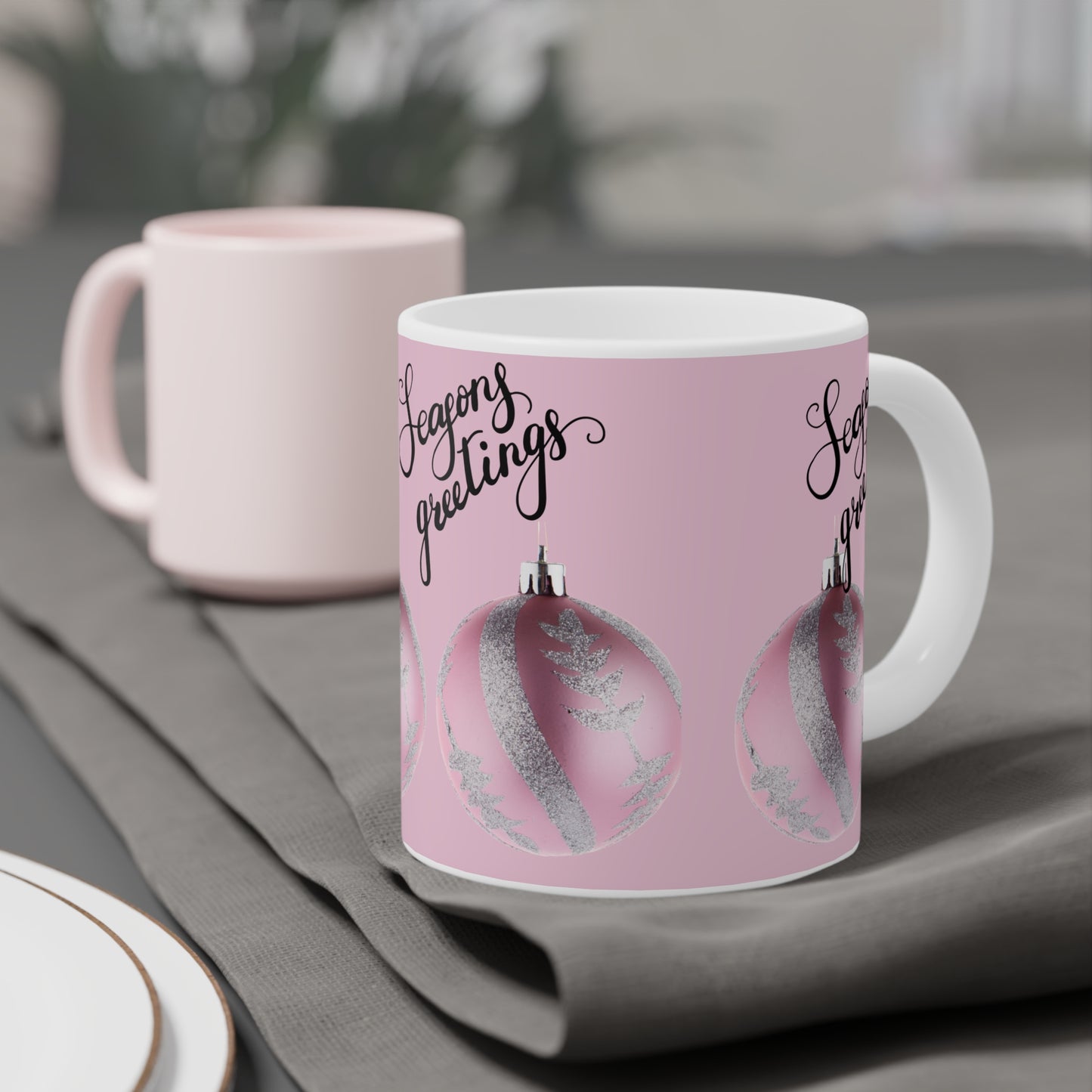 Season's Greetings Pink Ornament Ceramic Mug — Holiday Coffee Cup (11oz/15oz/20oz)