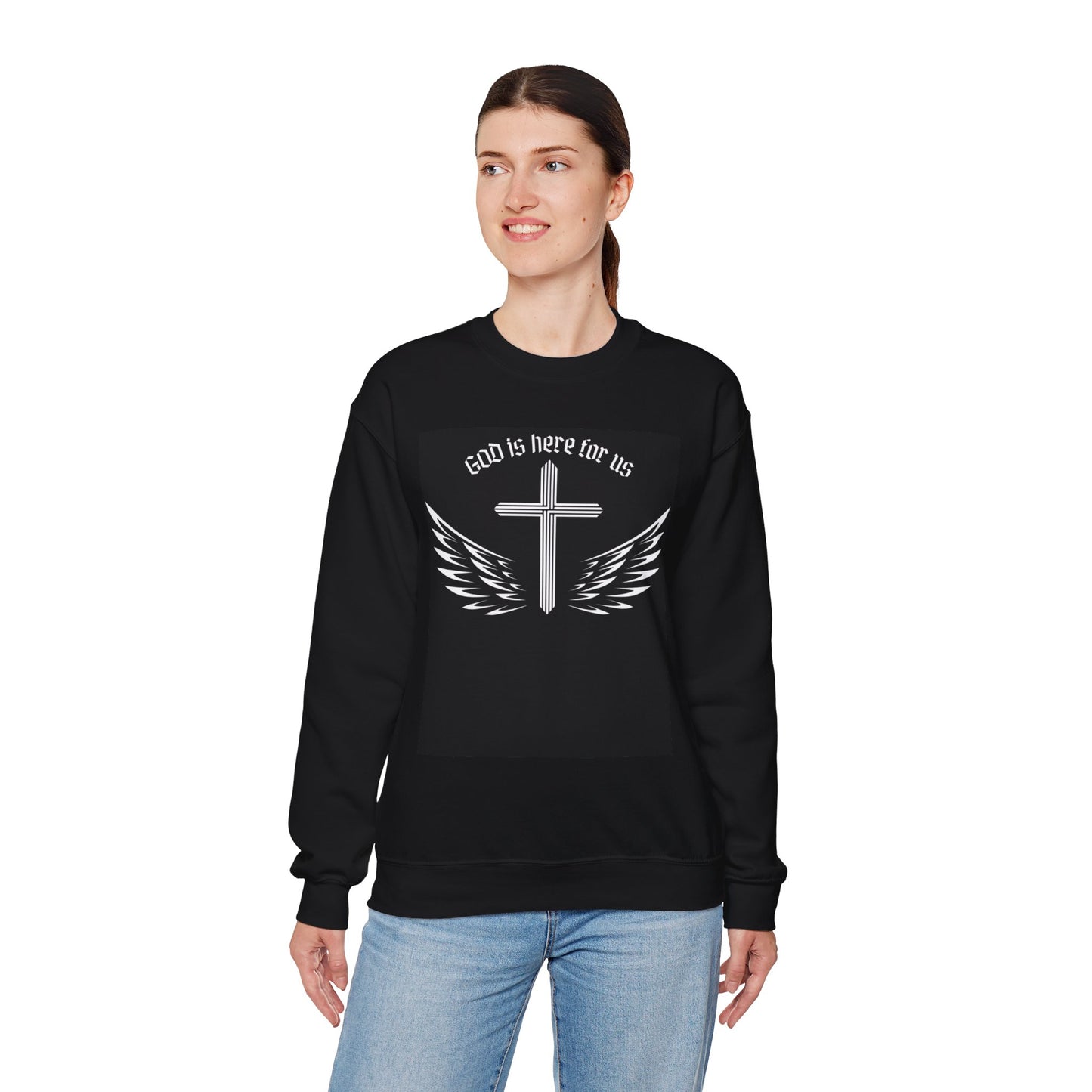 Unisex Heavy Blend Sweatshirt - "God is Here for Us" Inspirational Crewneck