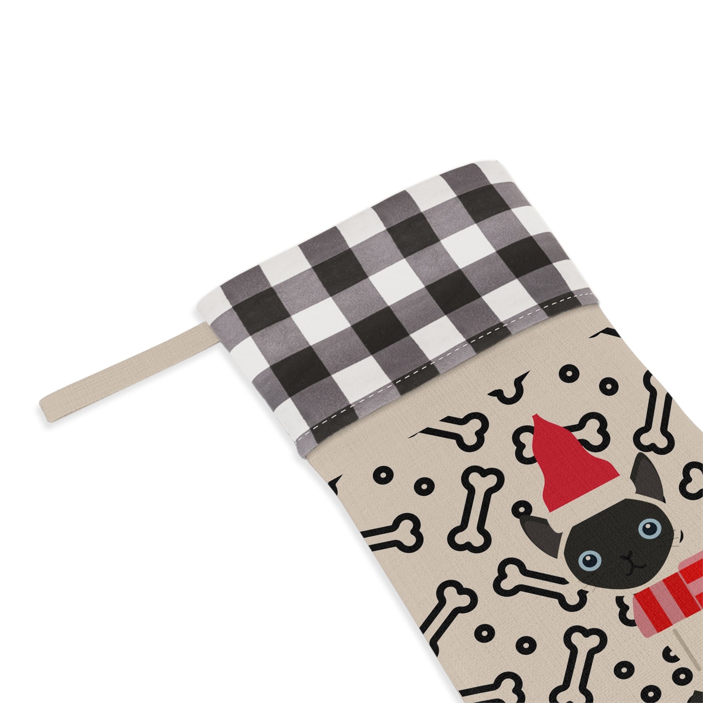 Siamese Cat & Bones Christmas Stocking — Plaid Cuff Holiday Pet Stocking