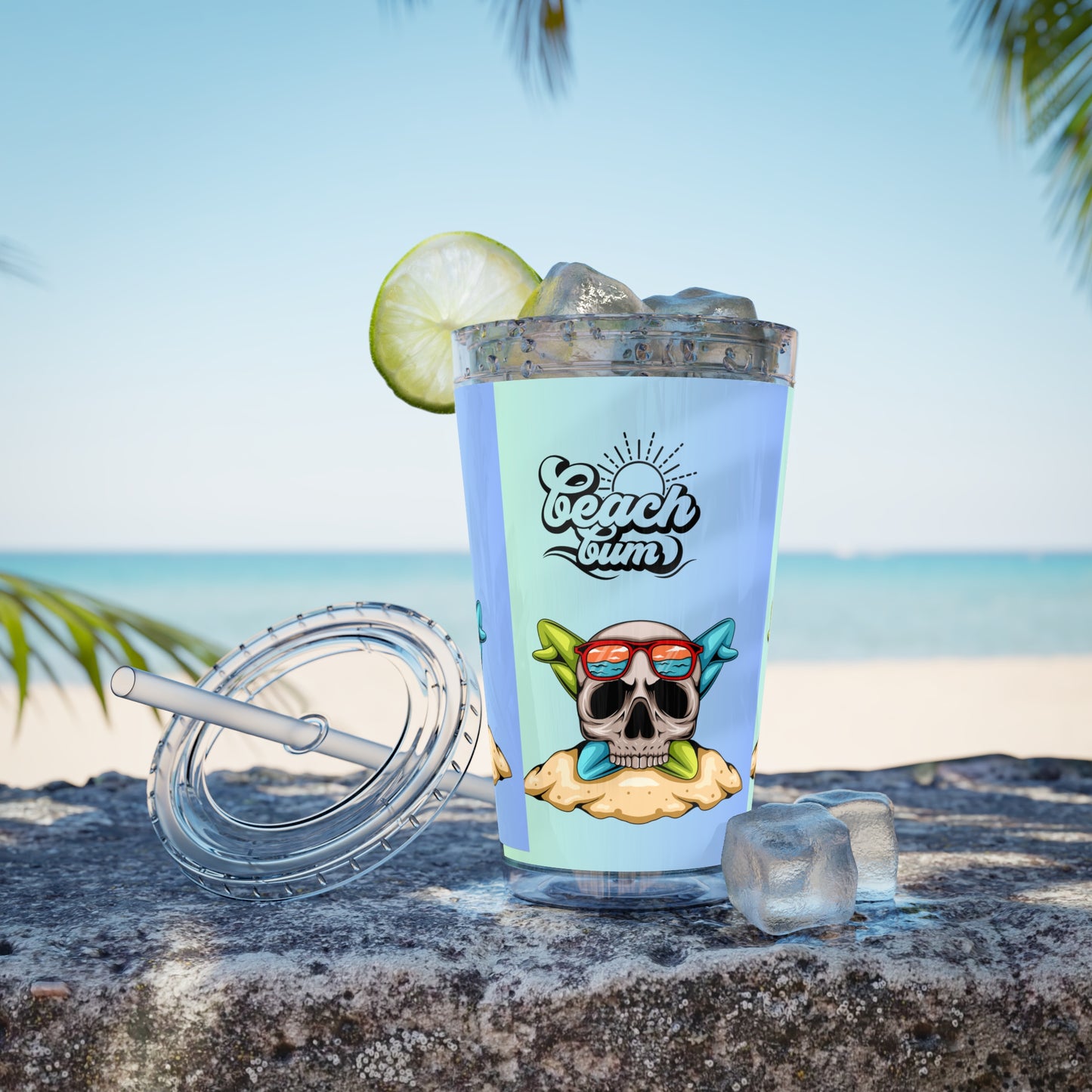 Beach Bum Tumbler, Skull Design Insulated Drinkware, Summer Vibes, Reusable Straw Cup, Travel Mug,Dainty Gift, Outdoor Fun