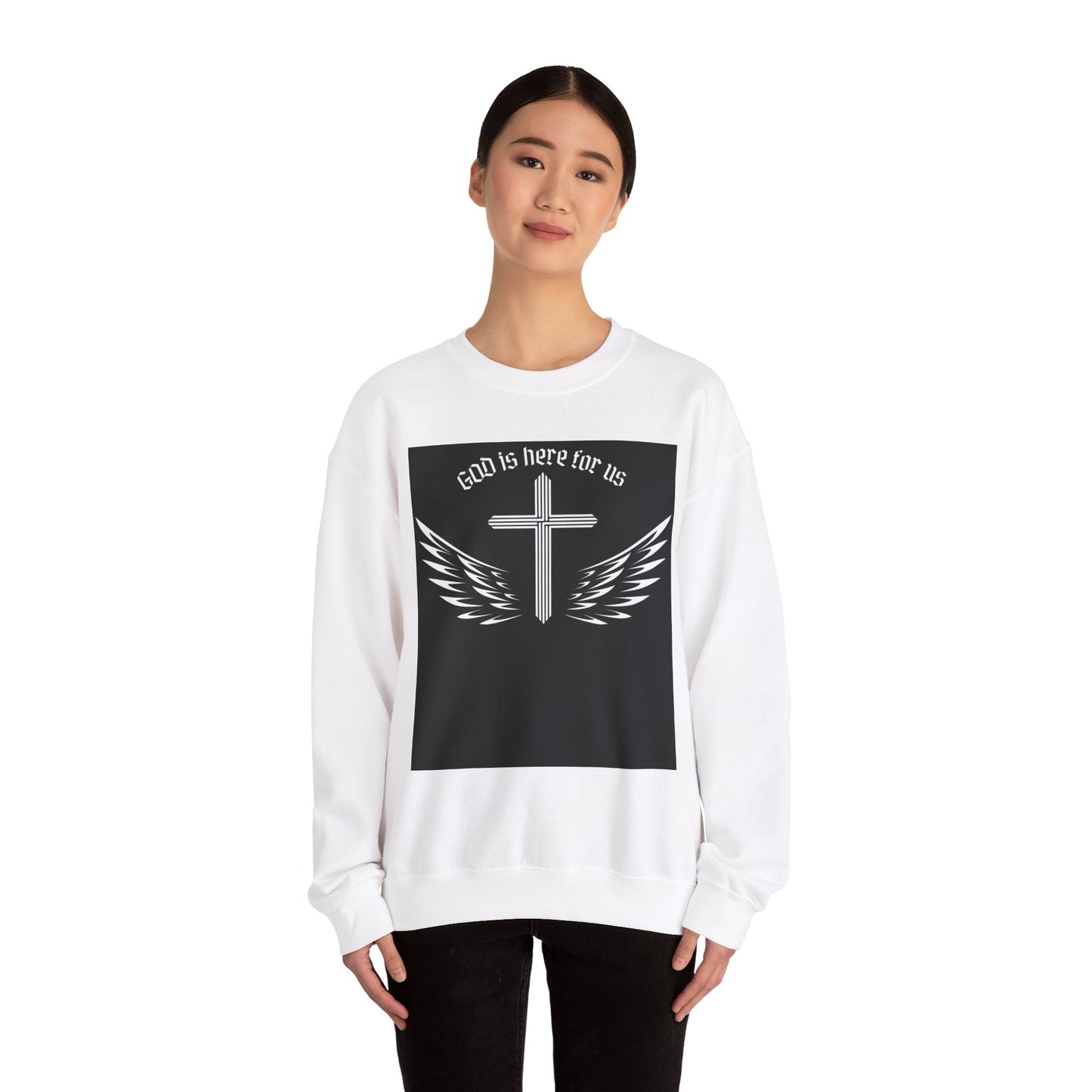Unisex Heavy Blend Sweatshirt - "God is Here for Us" Inspirational Crewneck