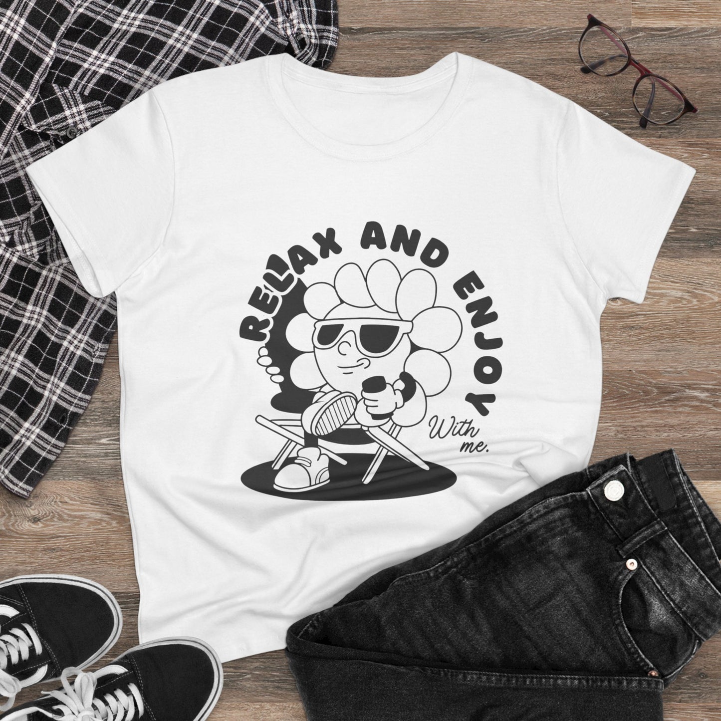 Women's Relax and Enjoy Tee, Cute Graphic T-Shirt, Summer Vibes Top, Gifts for Friends, Casual Everyday Wear, Fun Relaxation Shirt