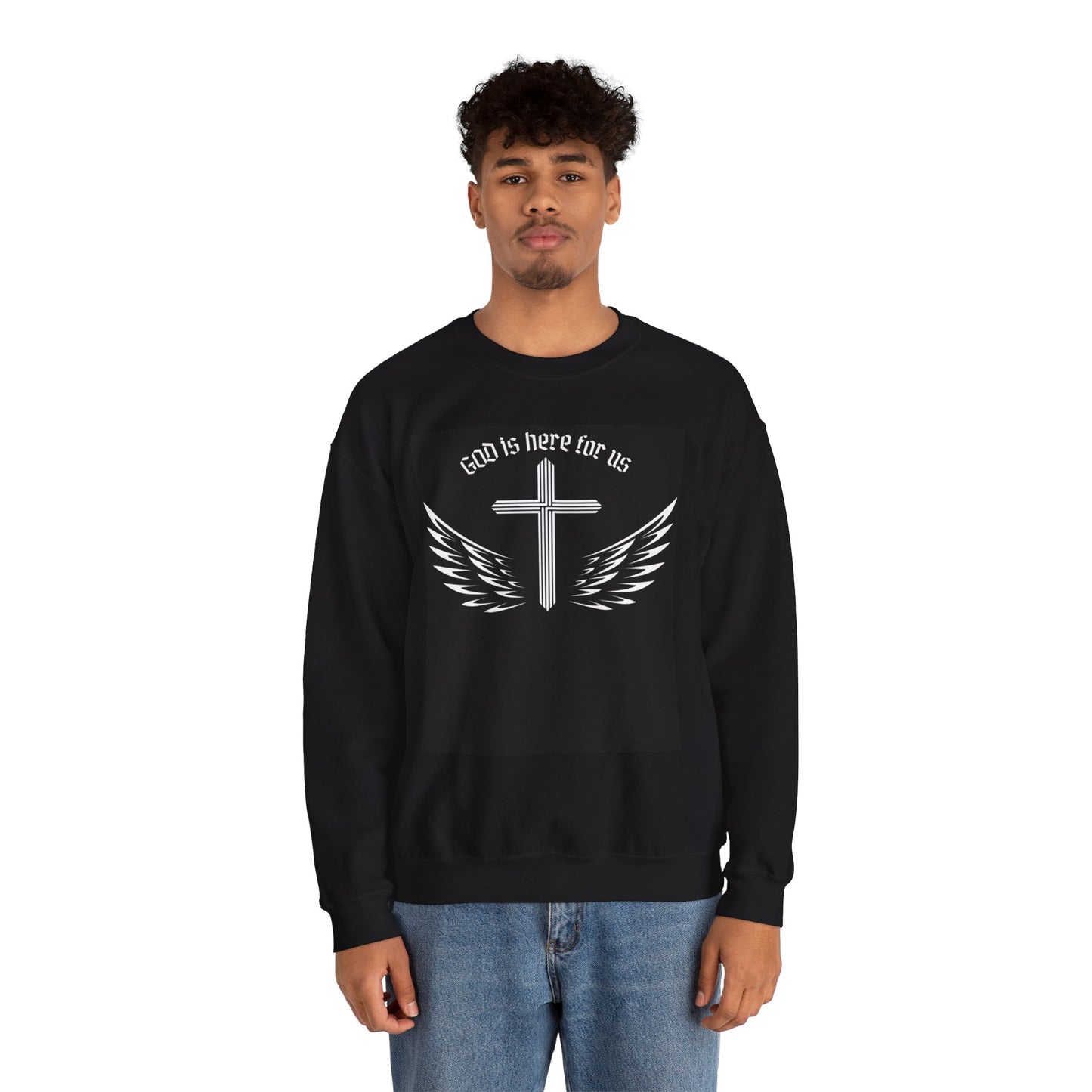 Unisex Heavy Blend Sweatshirt - "God is Here for Us" Inspirational Crewneck