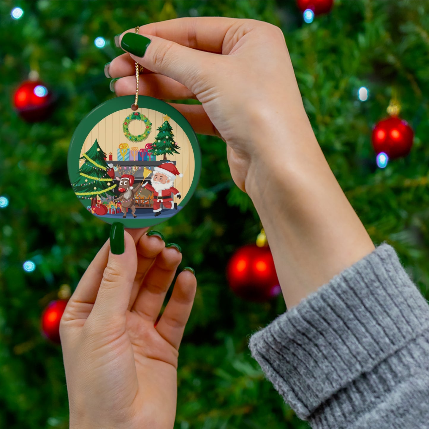 Christmas Santa & Reindeer Ceramic Ornament — Holiday Tree Decoration