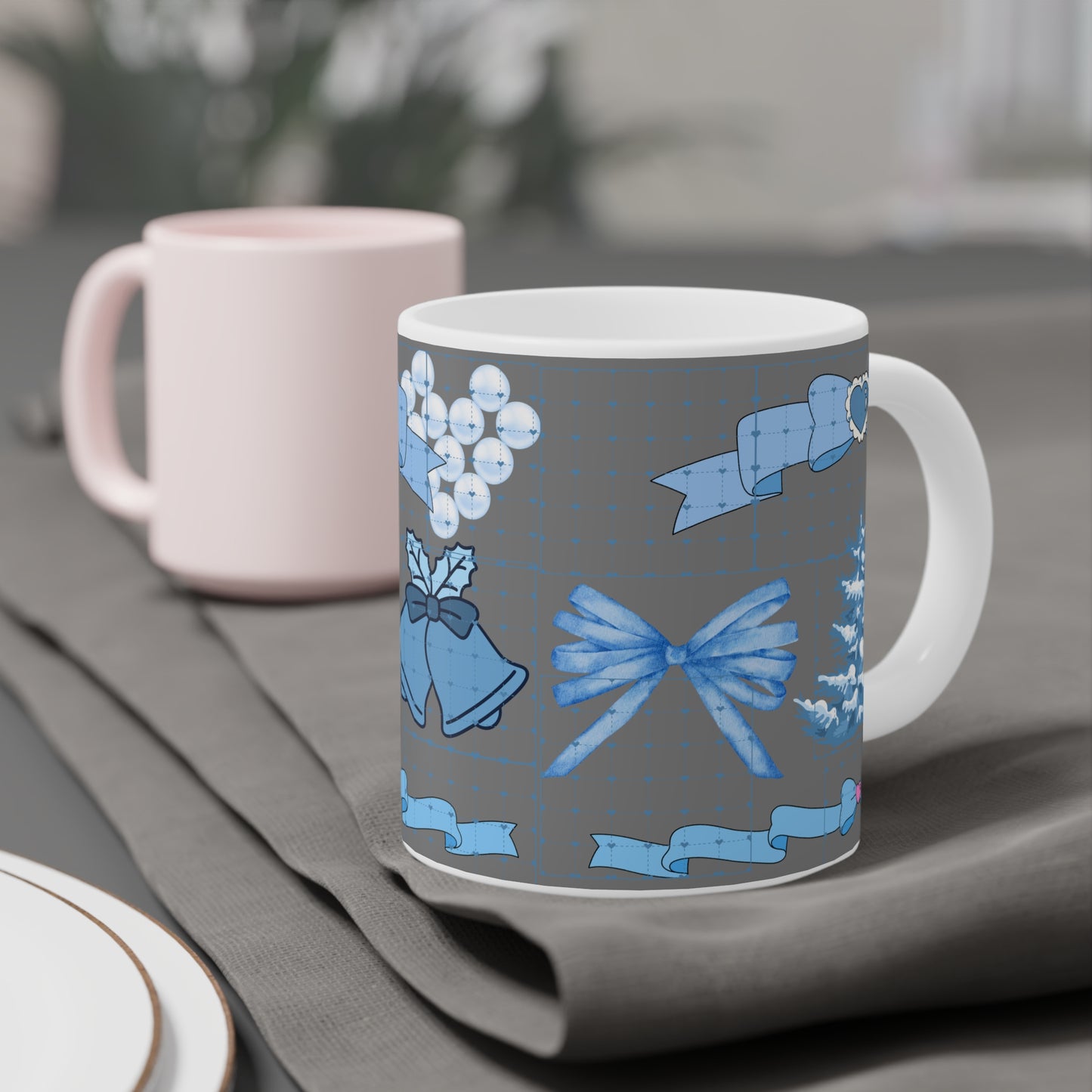 Blue Holiday Ornament Mug — Christmas Tree, Bells & Bows Ceramic Coffee Cup