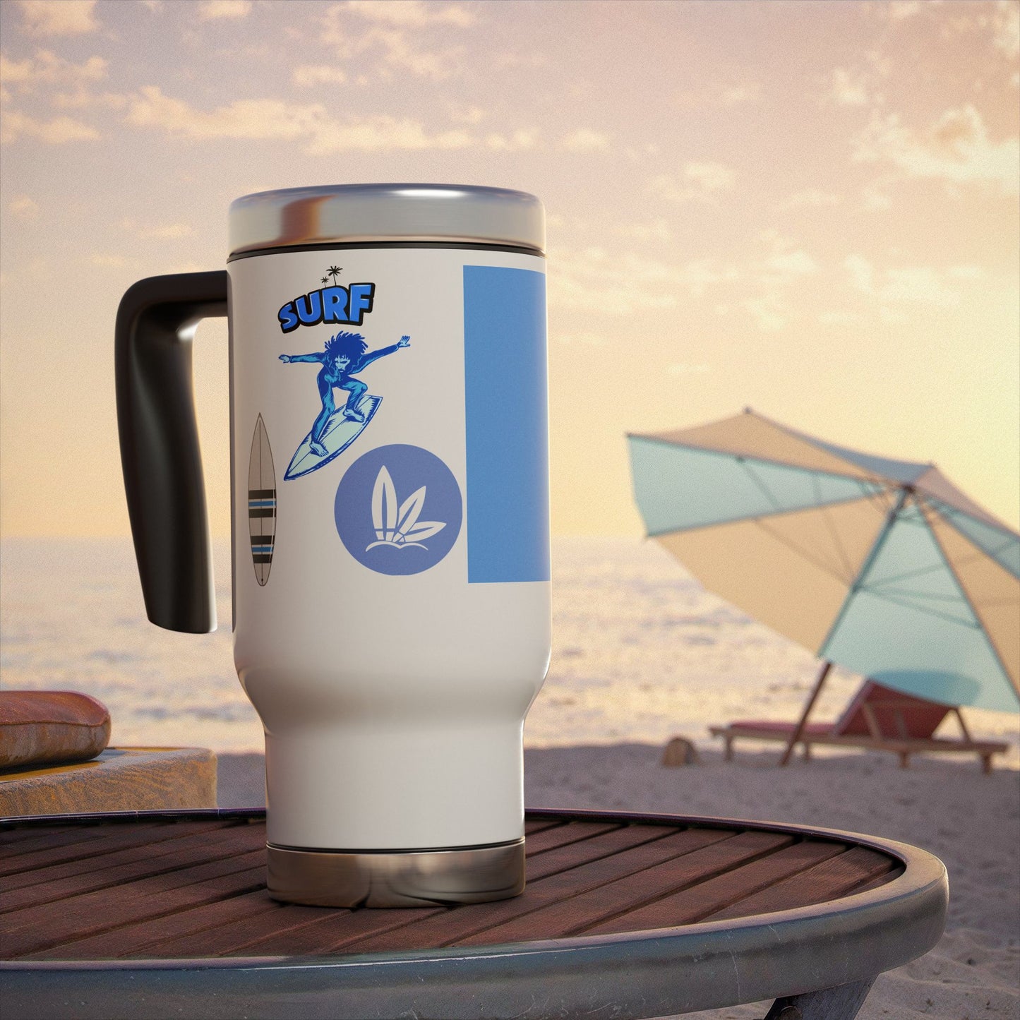 Surfing Vibes Stainless Steel Travel Mug, 14oz Coffee Tumbler, On-the-Go Drinkware, Beach Lover Gift, Summer Road Trip Must-Have