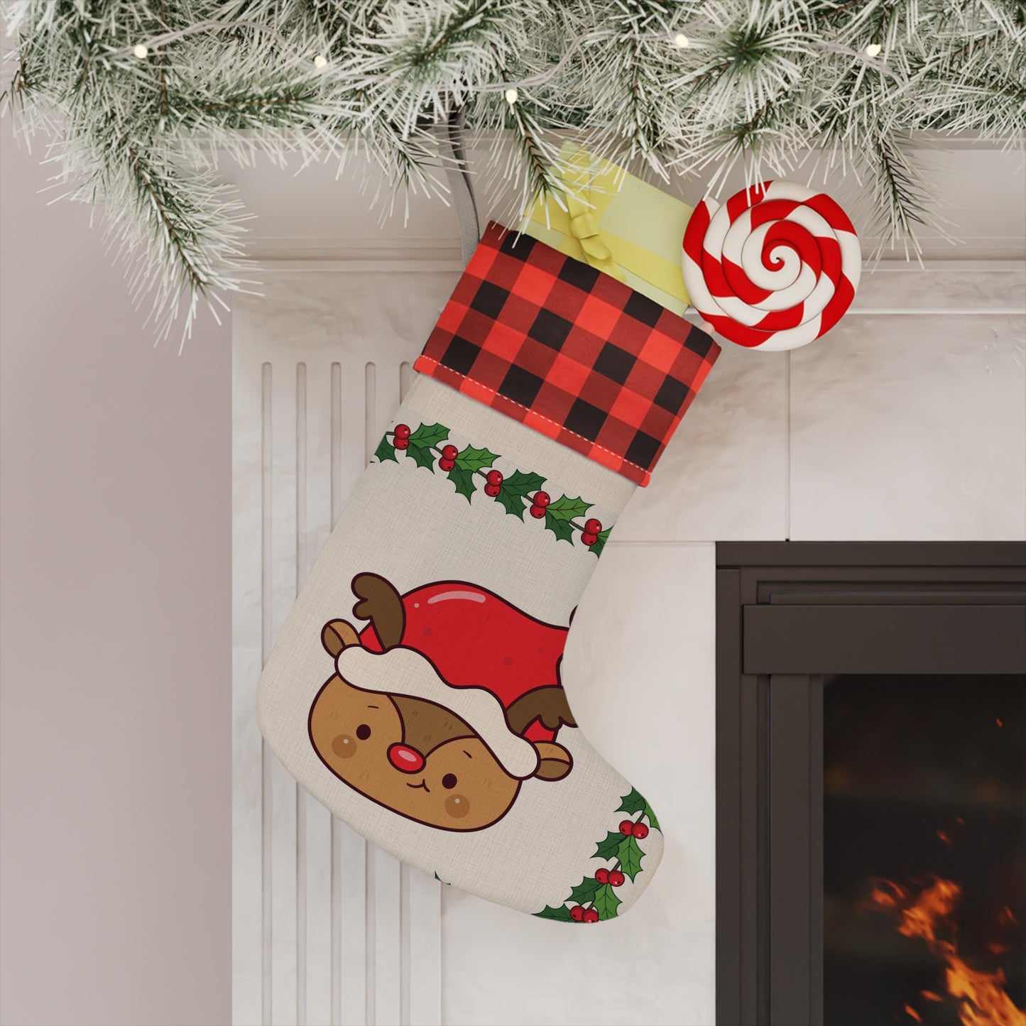 Cute Reindeer Christmas Stocking with Buffalo Plaid Cuff & Holly Wreath