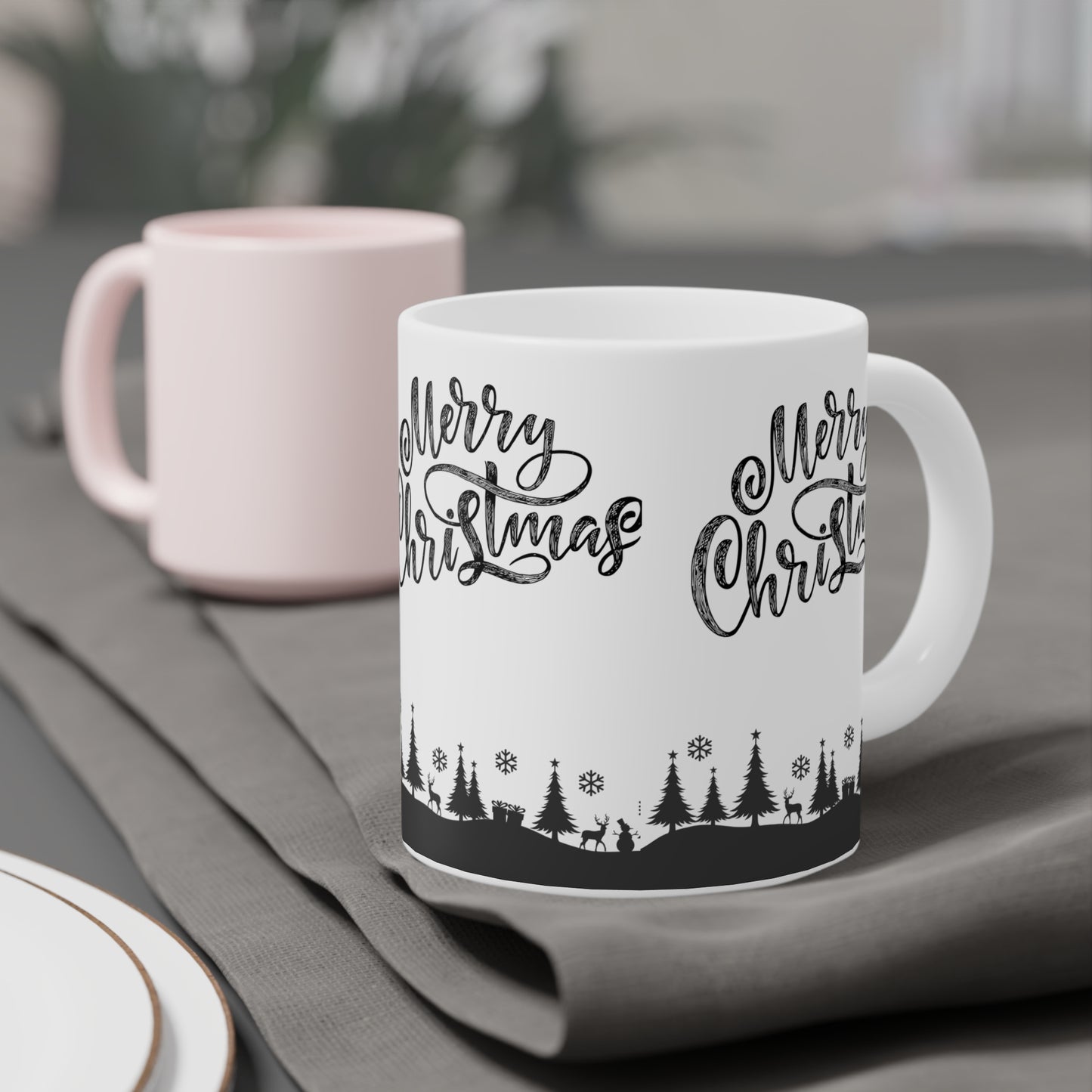 Merry Christmas Ceramic Mug — Black Holiday Village Design (11/15/20oz)