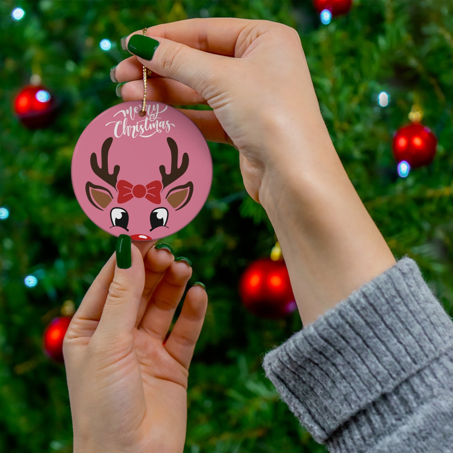 Pink Reindeer Ceramic Ornament – 'Merry Christmas' Holiday Tree Decoration