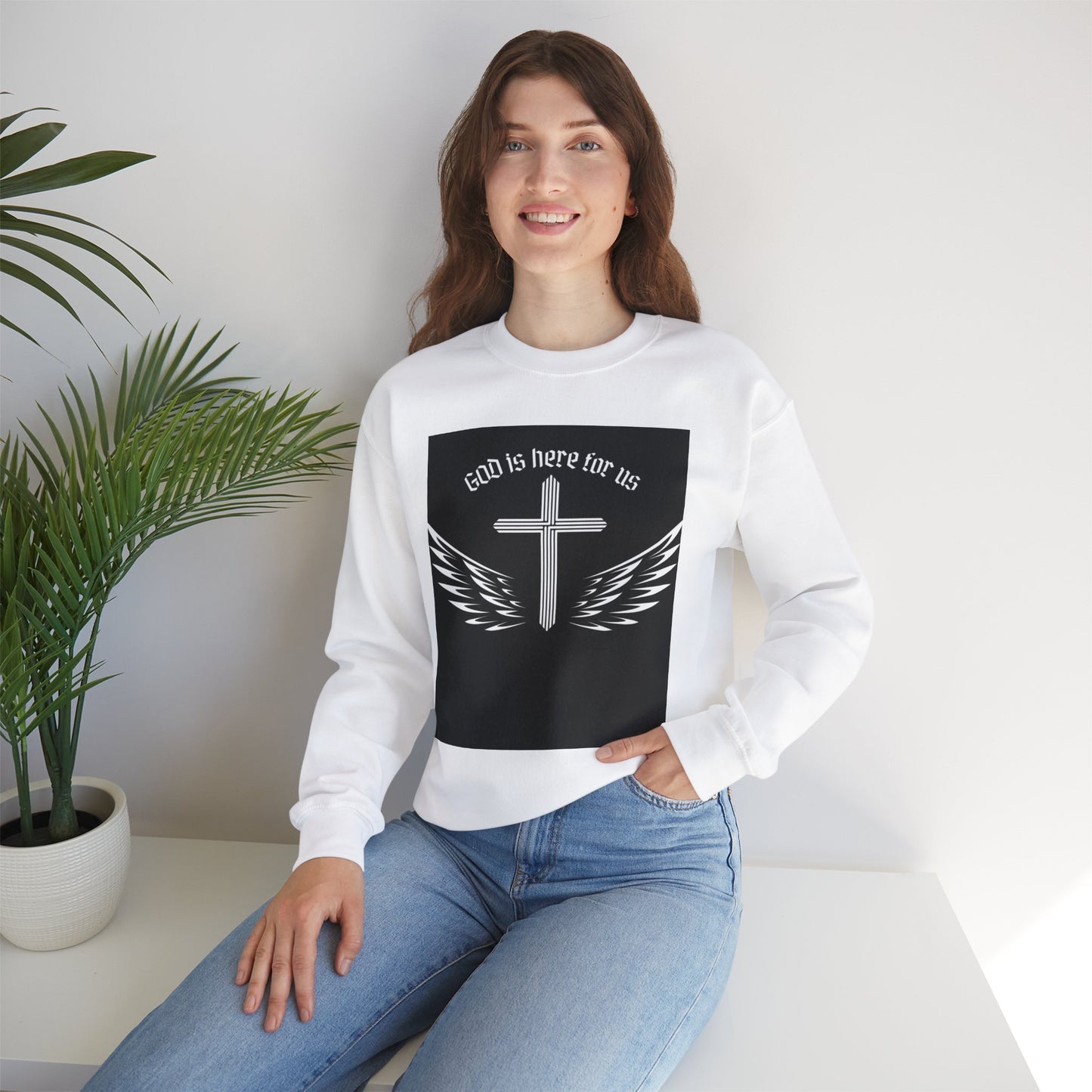 Faith-Inspired Unisex Crewneck Sweatshirt - 'God is Here for Us'