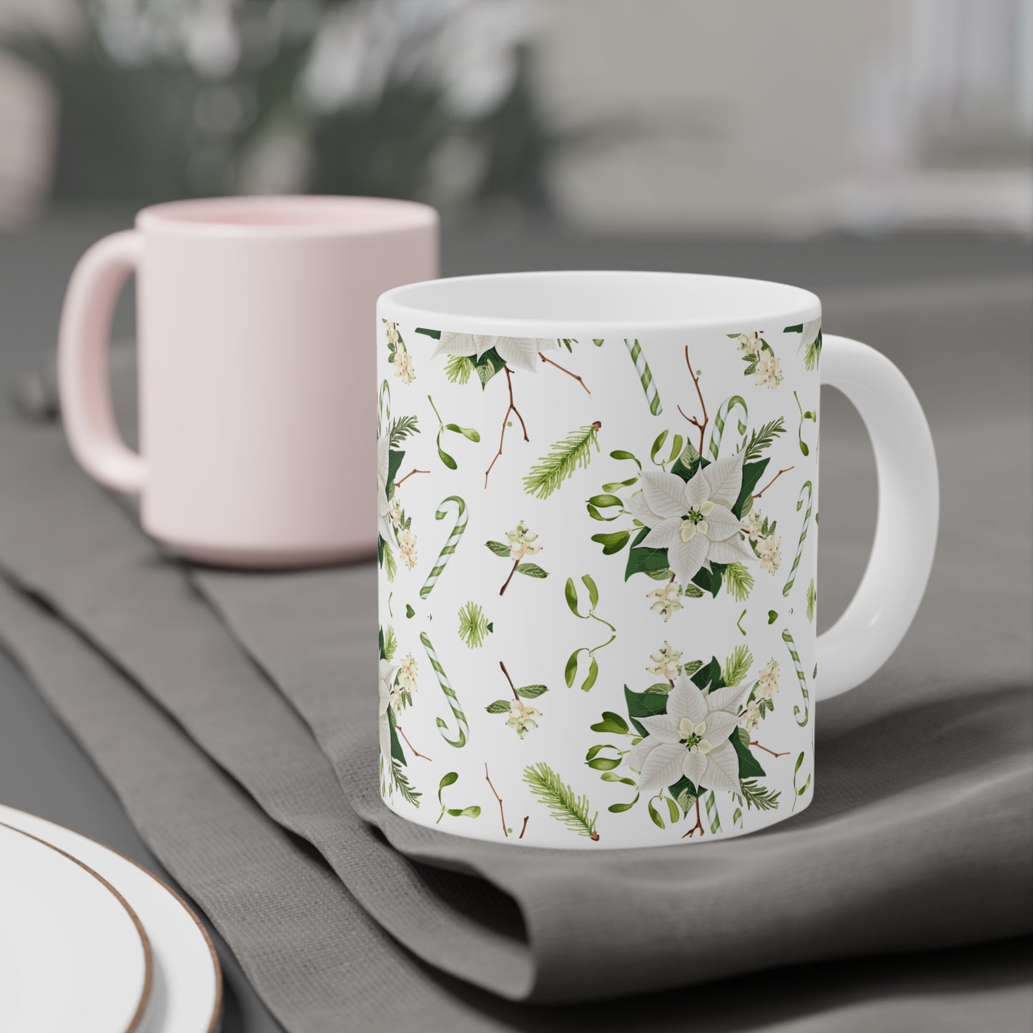 Holiday Floral Ceramic Mug, Christmas Coffee Cup, Gift for Her, Winter Tea Mug, Elegant Home Decor