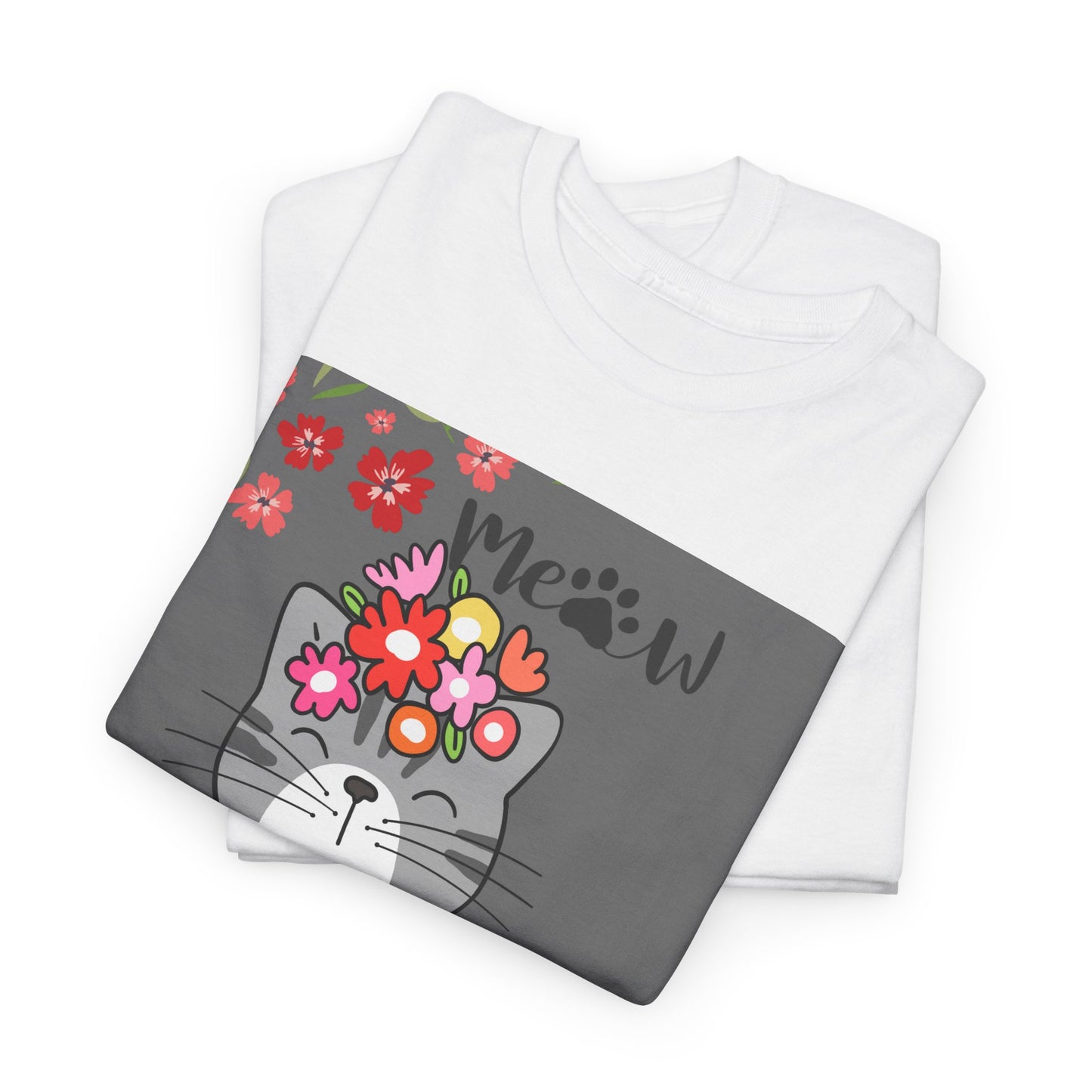 Cute Cat Floral Unisex Heavy Cotton Tee - 'You had me at Meow' Design